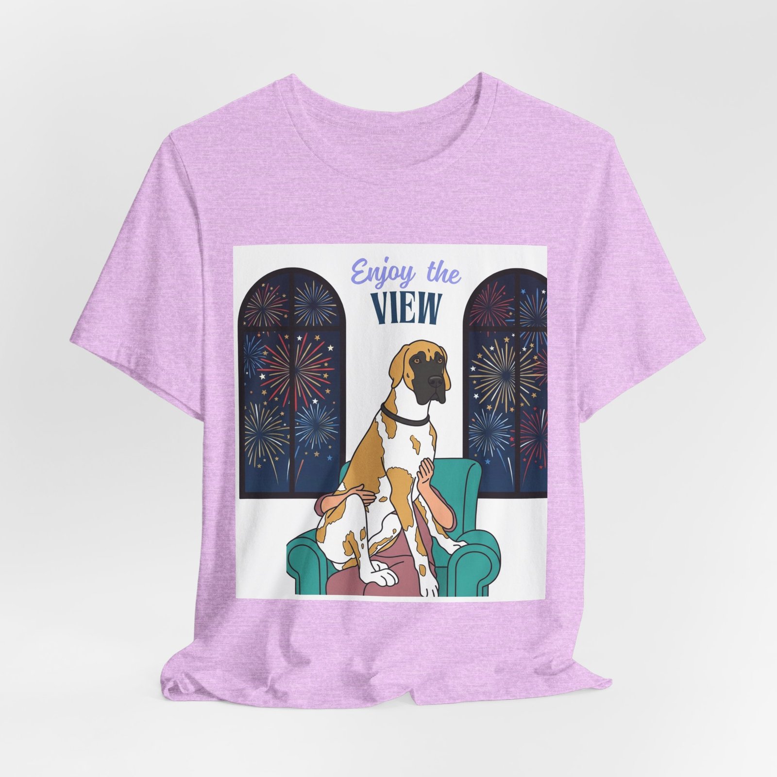 Fawnequin Great Dane Enjoy the View T-Shirt — Dog Watching Fireworks Graphic Tee - Image 59