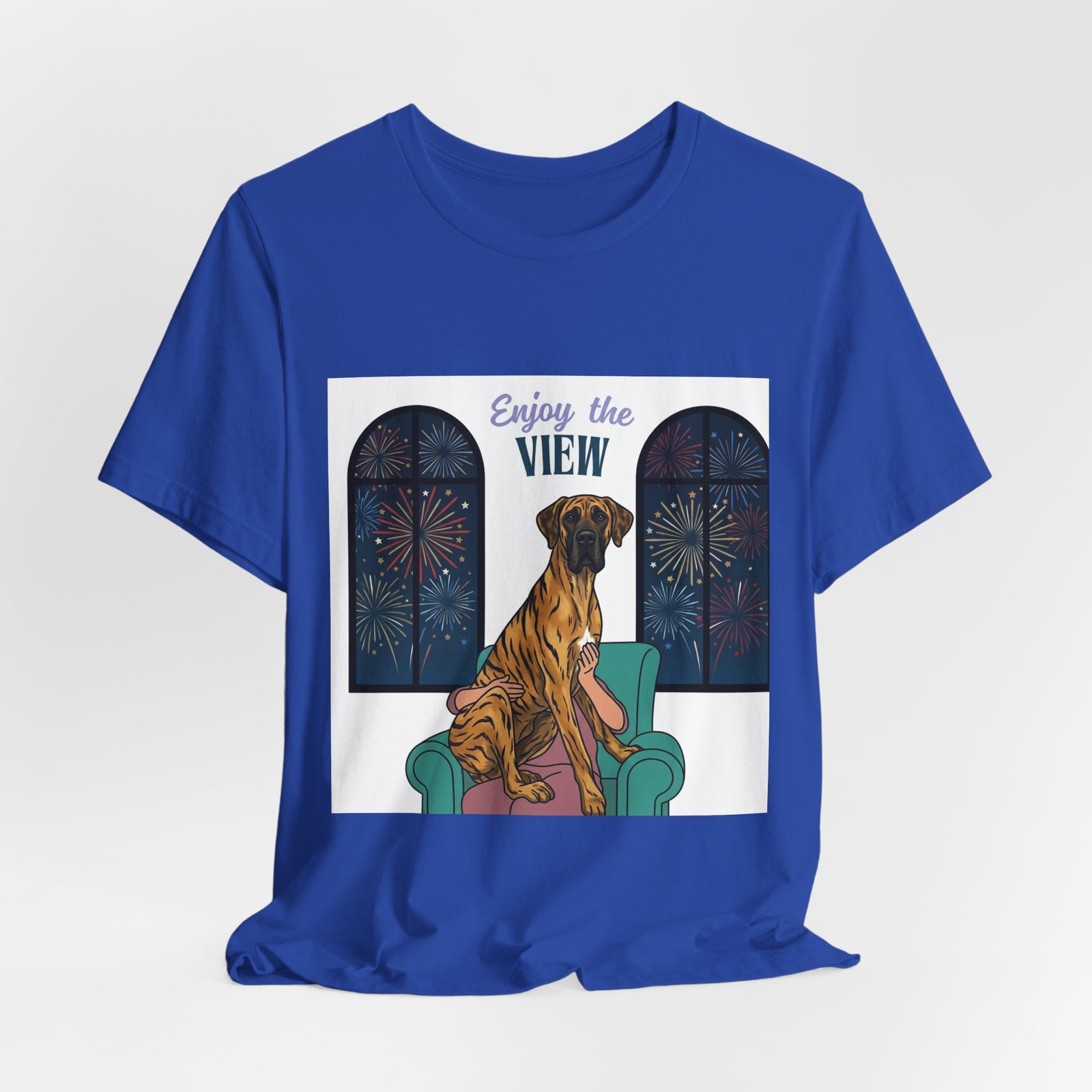 Brindle with white chest marking Great Dane Enjoy the View T-Shirt — Dog Watching Fireworks Graphic Tee - Image 49