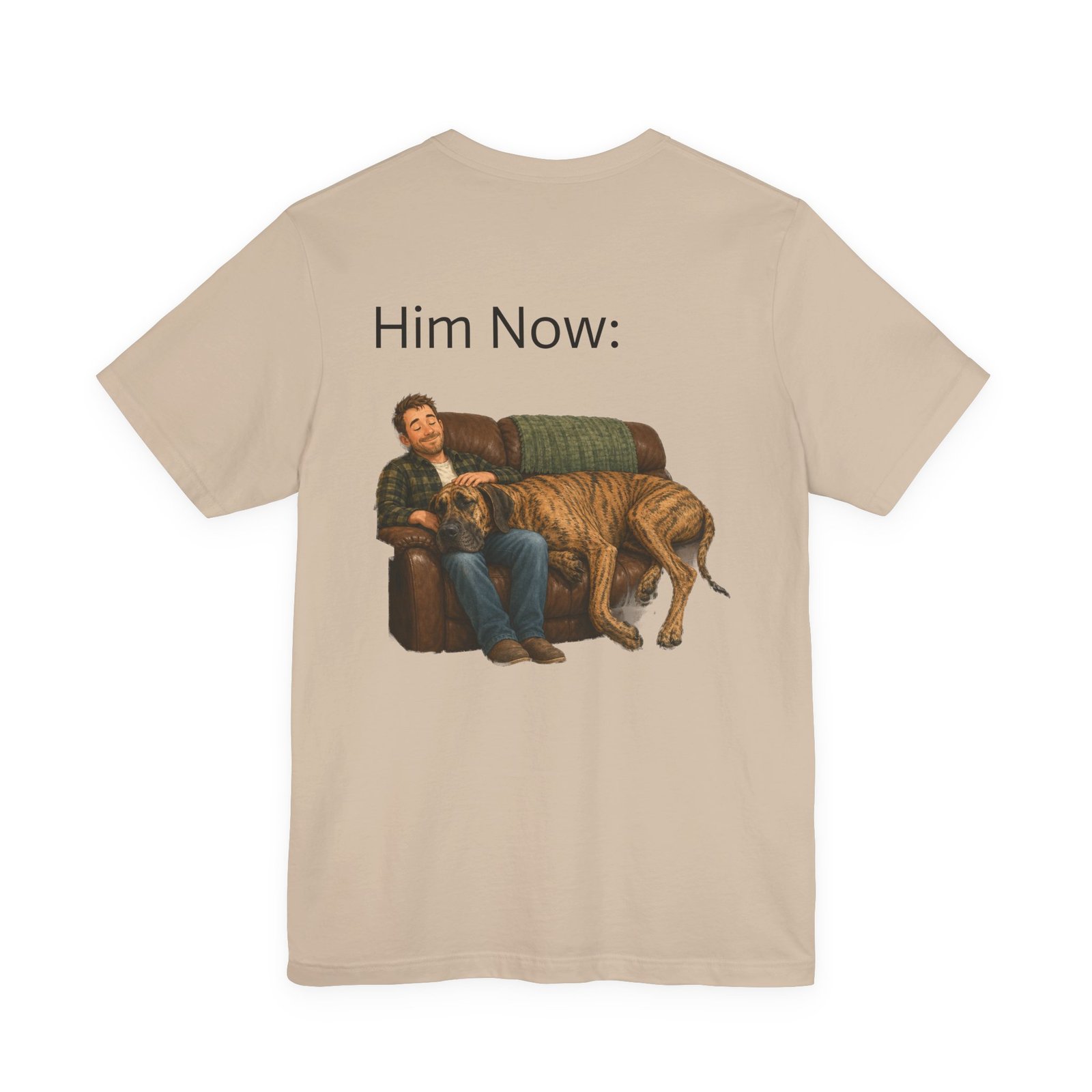 Brindle Great Dane T-Shirt — "NO DOGS" Script Front with Man and Dog on Couch Graphic - Image 42