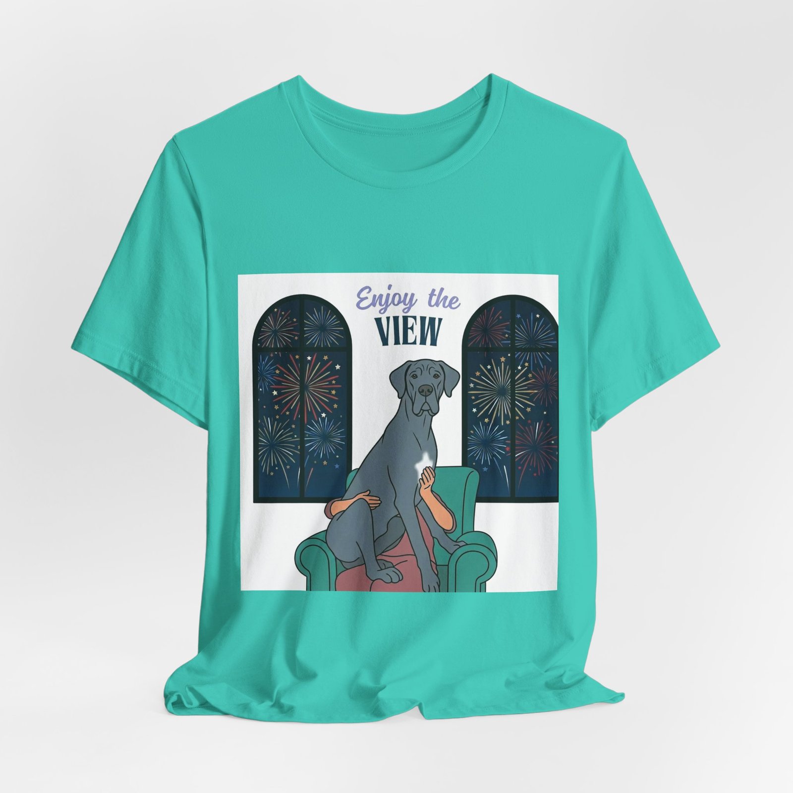 Blue with white chest marking Great Dane Enjoy the View T-Shirt — Dog Watching Fireworks Graphic Tee - Image 29