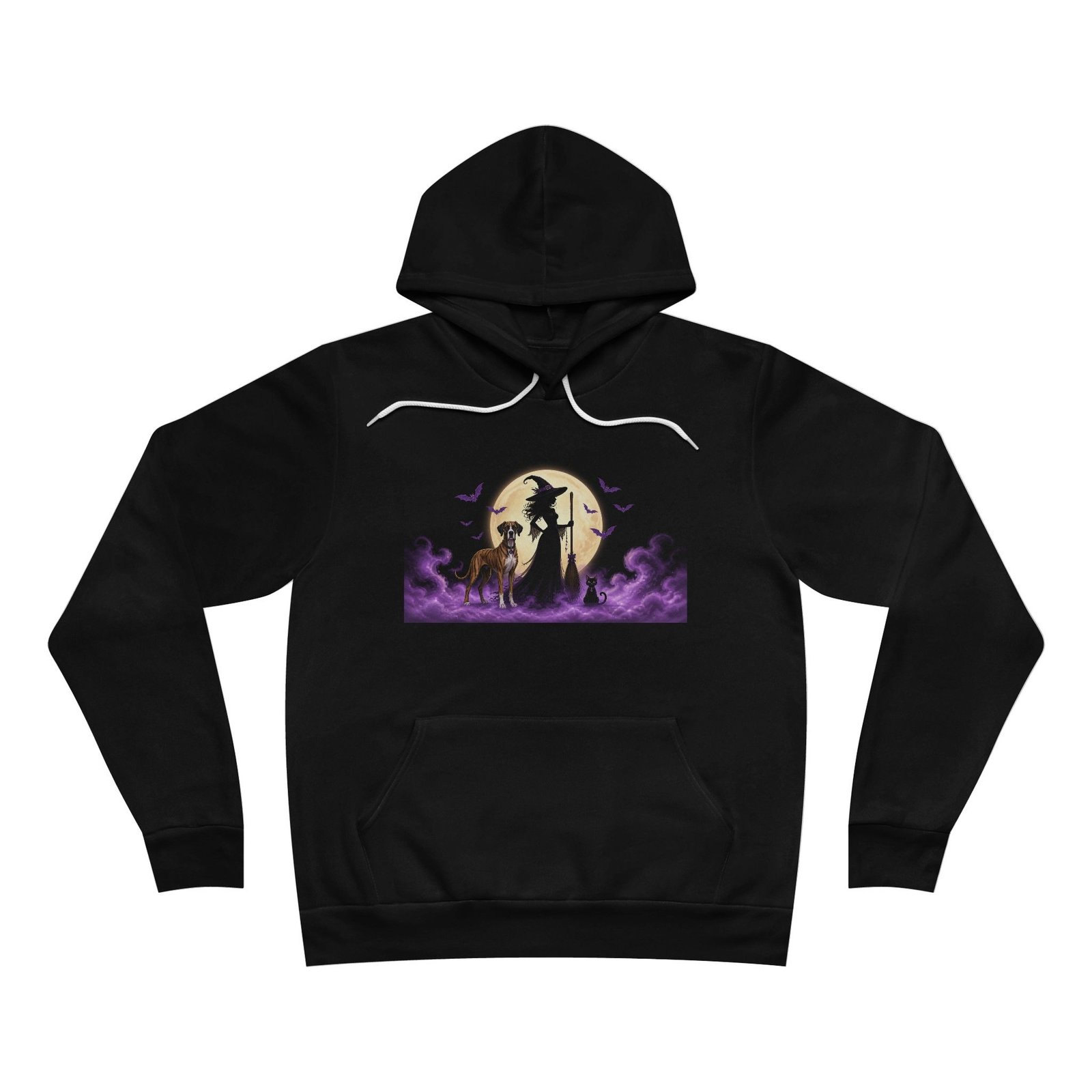 Brindle with white chest snip Great Dane Pocketed Pullover, black cat, Witch Silhouette Hoodie (Up to 2x) — Her Familiars