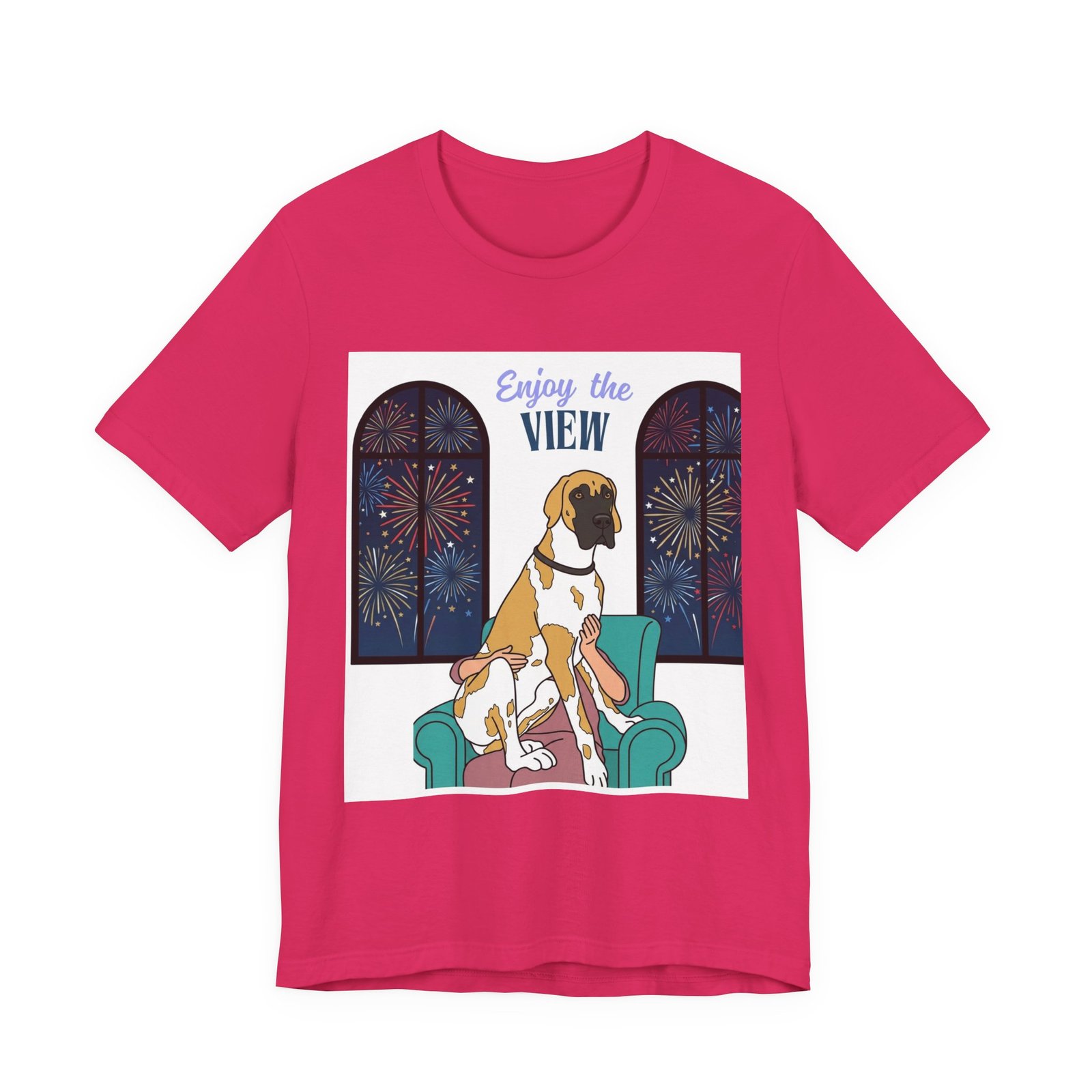 Fawnequin Great Dane Enjoy the View T-Shirt — Dog Watching Fireworks Graphic Tee - Image 2