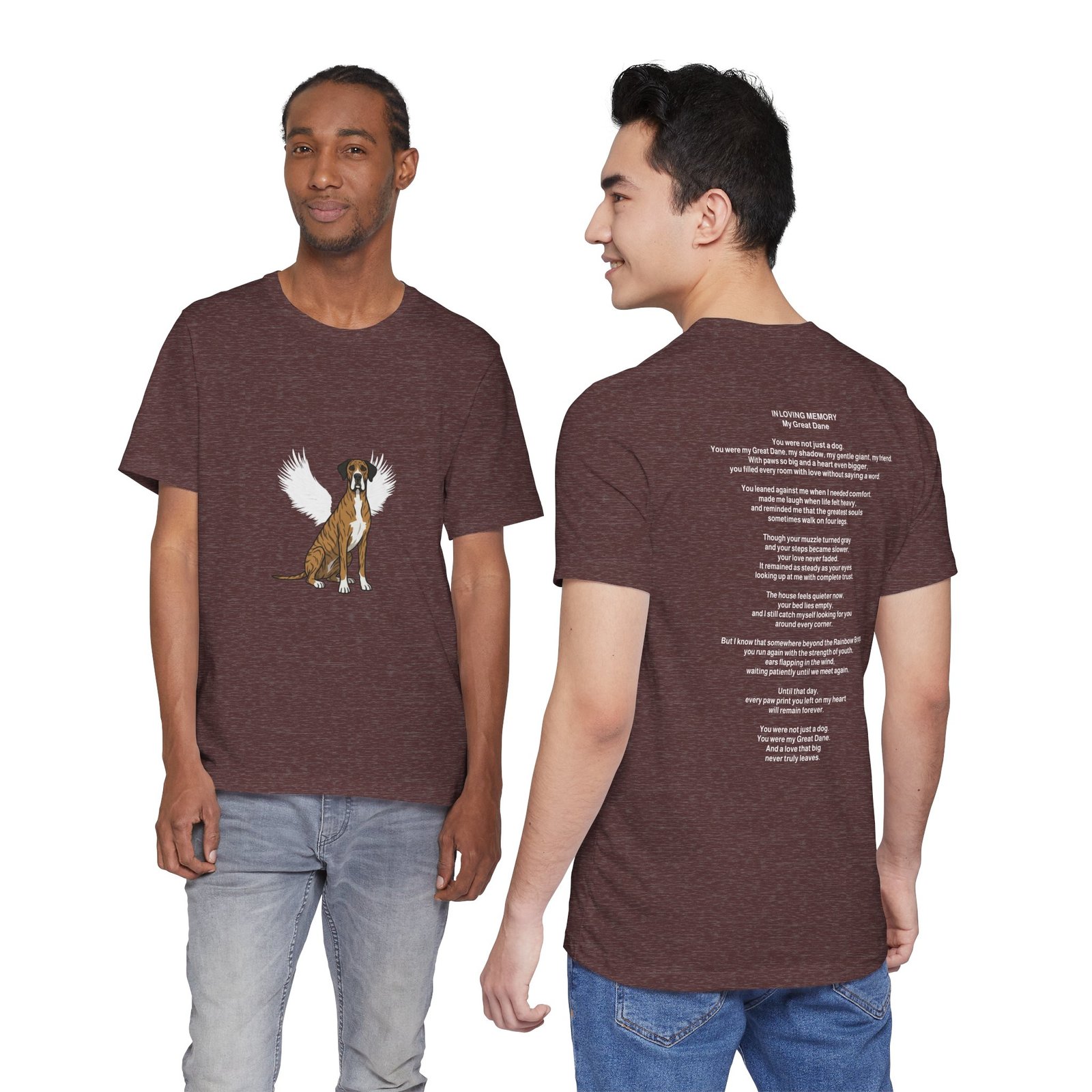 Unisex Brindle with White Chest Snip Great Dane Rainbow Bridge Lyric Back-Print Tee — 'Beloved Memory' Poem Shirt - Image 30