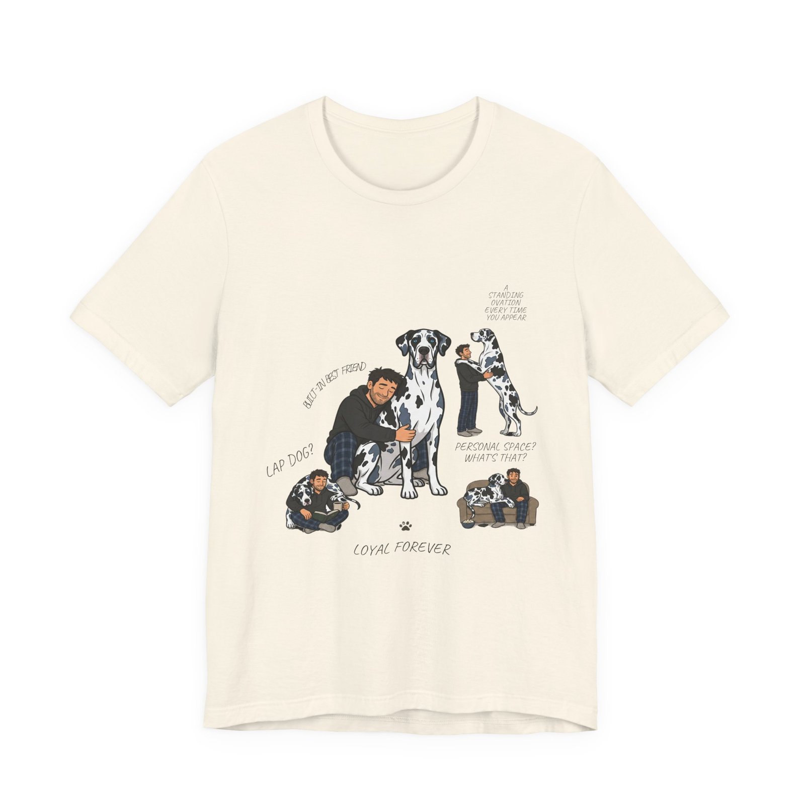 Blue and Black Merlequin with blue eyes Great Danes Illustrated Tee — "Men + Great Danes" Graphic T-Shirt - Image 17