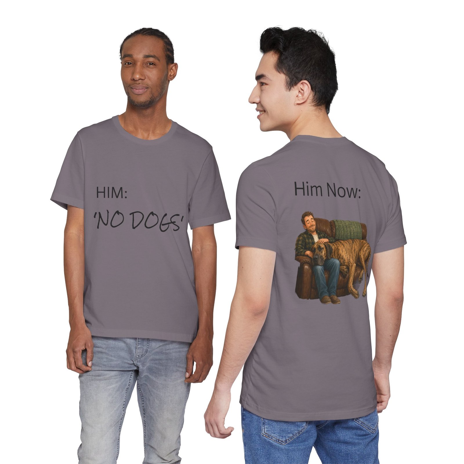 Brindle Great Dane T-Shirt — "NO DOGS" Script Front with Man and Dog on Couch Graphic - Image 55