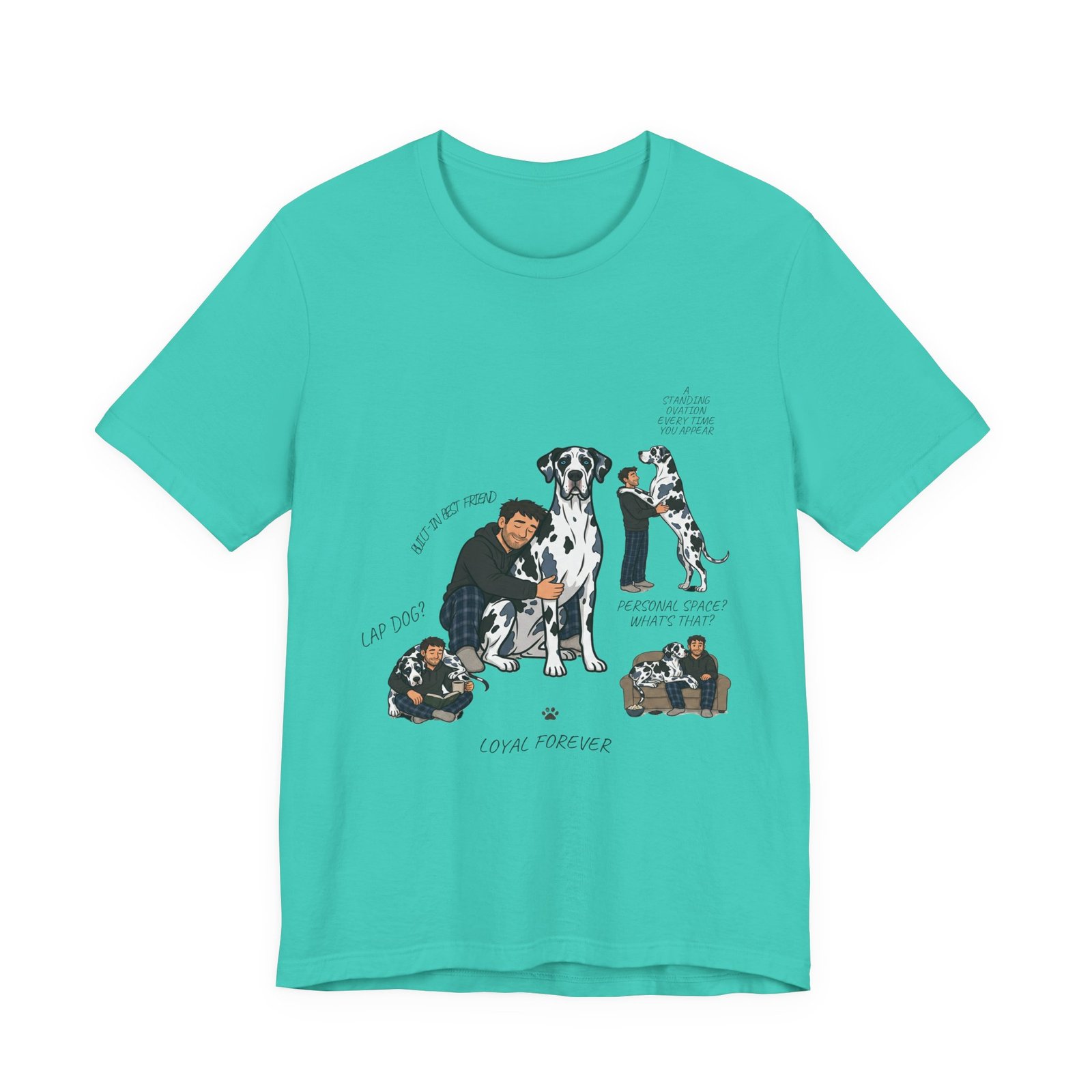Blue and Black Merlequin with blue eyes Great Danes Illustrated Tee — "Men + Great Danes" Graphic T-Shirt - Image 47