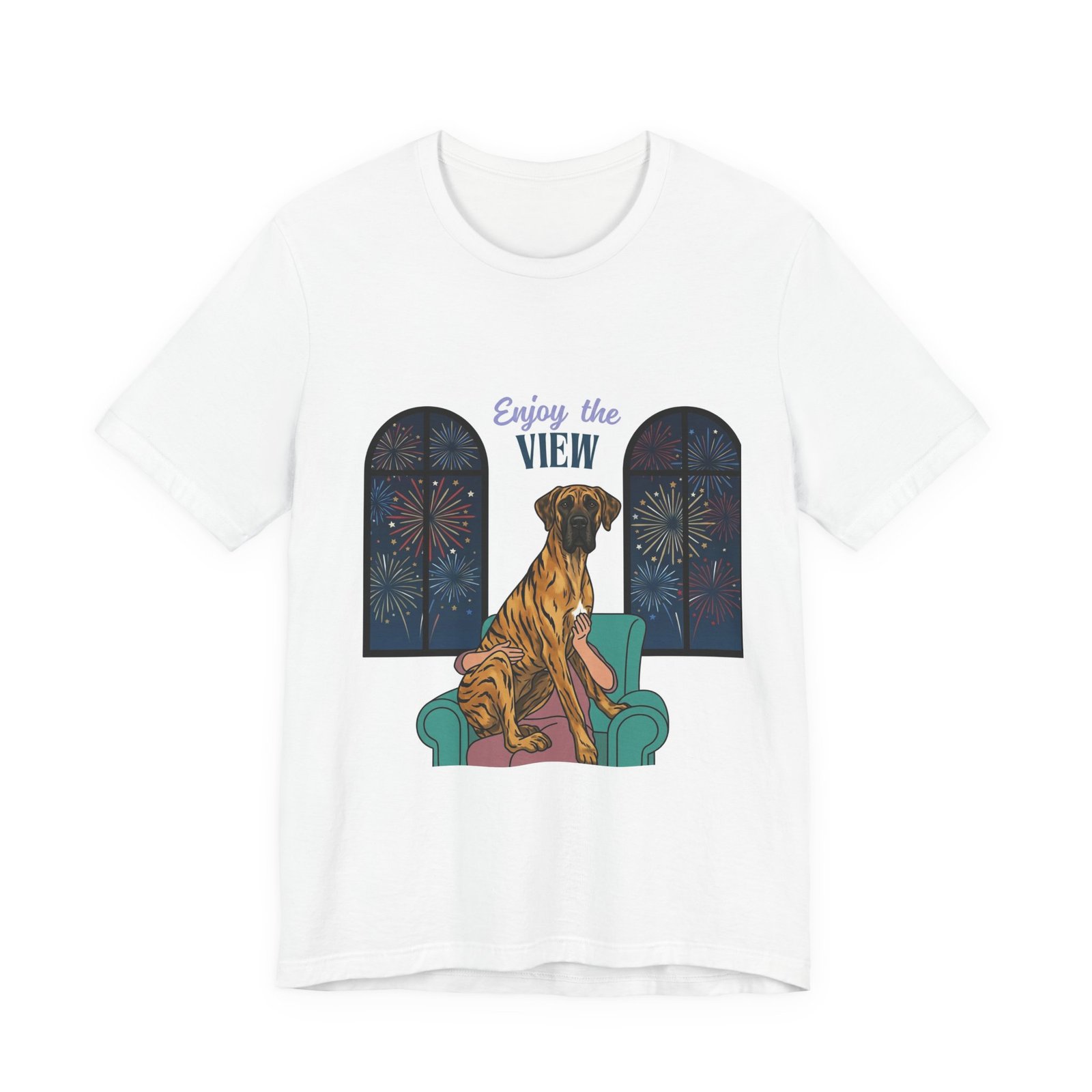 Brindle with white chest marking Great Dane Enjoy the View T-Shirt — Dog Watching Fireworks Graphic Tee - Image 17