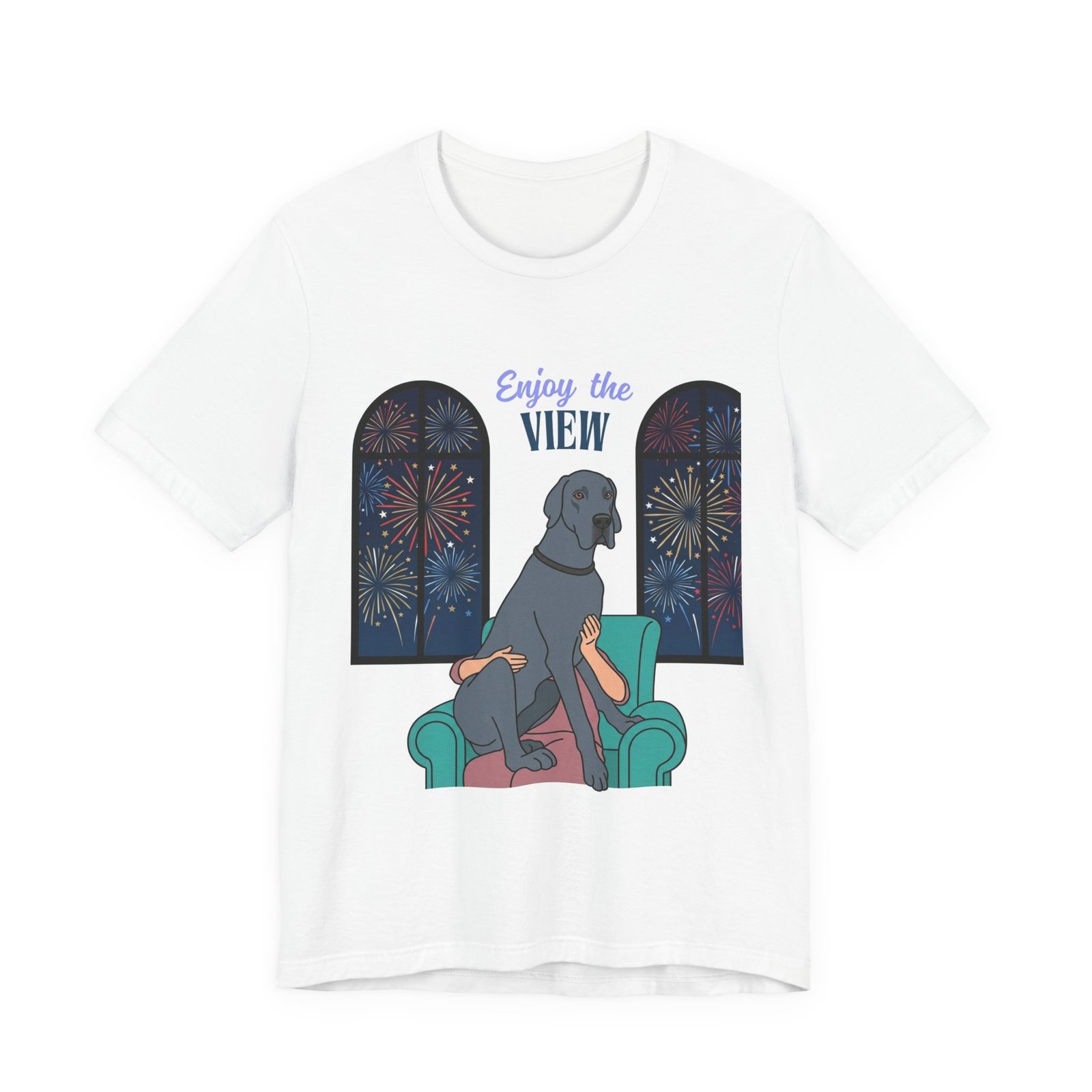 Blue Great Dane Enjoy the View T-Shirt — Dog Watching Fireworks Graphic Tee - Image 7