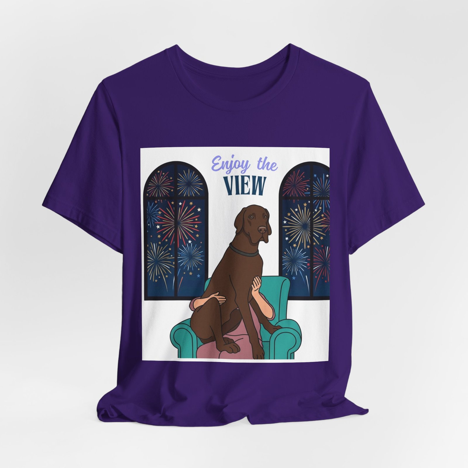Chocolate Great Dane Enjoy the View T-Shirt — Dog Watching Fireworks Graphic Tee - Image 49