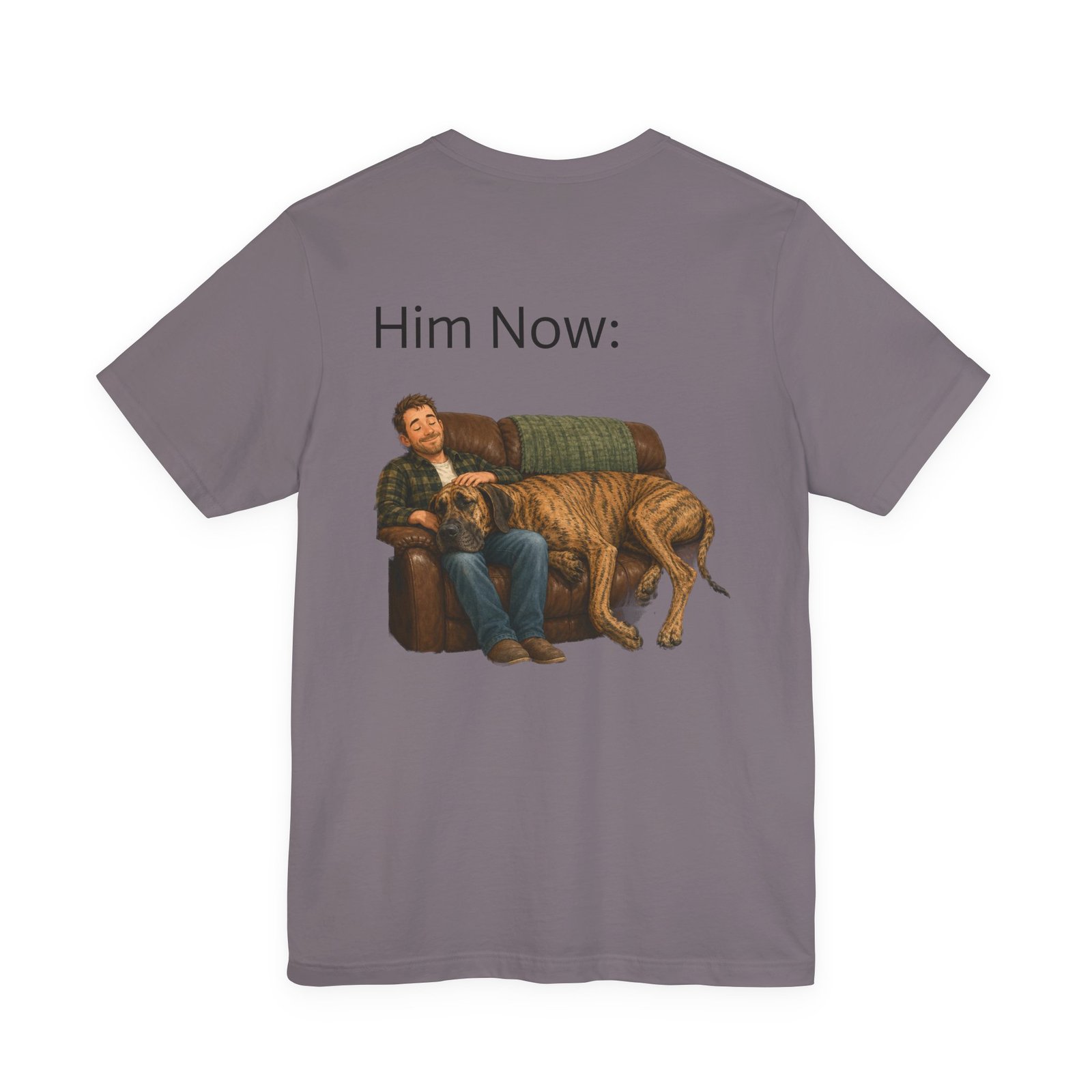 Brindle Great Dane T-Shirt — "NO DOGS" Script Front with Man and Dog on Couch Graphic - Image 52