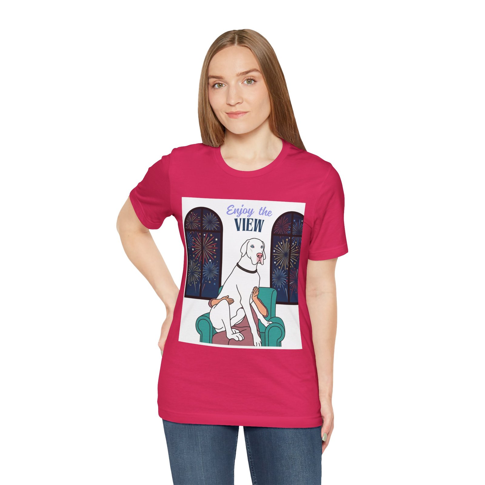 White with Blue Eyes Great Dane Enjoy the View T-Shirt — Dog Watching Fireworks Graphic Tee - Image 60