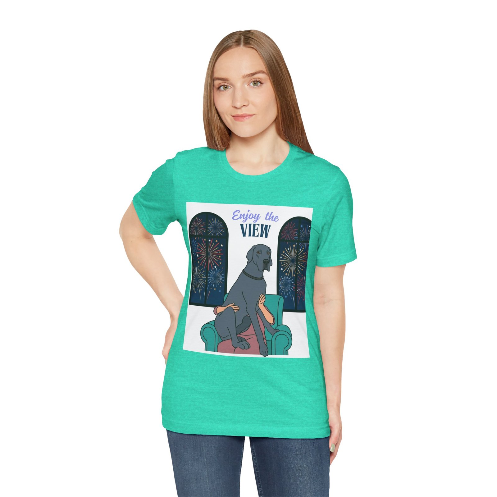 Blue Great Dane Enjoy the View T-Shirt — Dog Watching Fireworks Graphic Tee - Image 30