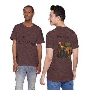 Brindle Great Dane T-Shirt — "NO DOGS" Script Front with Man and Dog on Couch Graphic