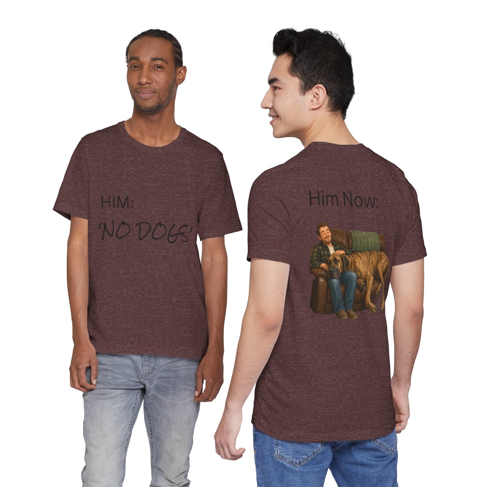 Brindle Great Dane T-Shirt — "NO DOGS" Script Front with Man and Dog on Couch Graphic