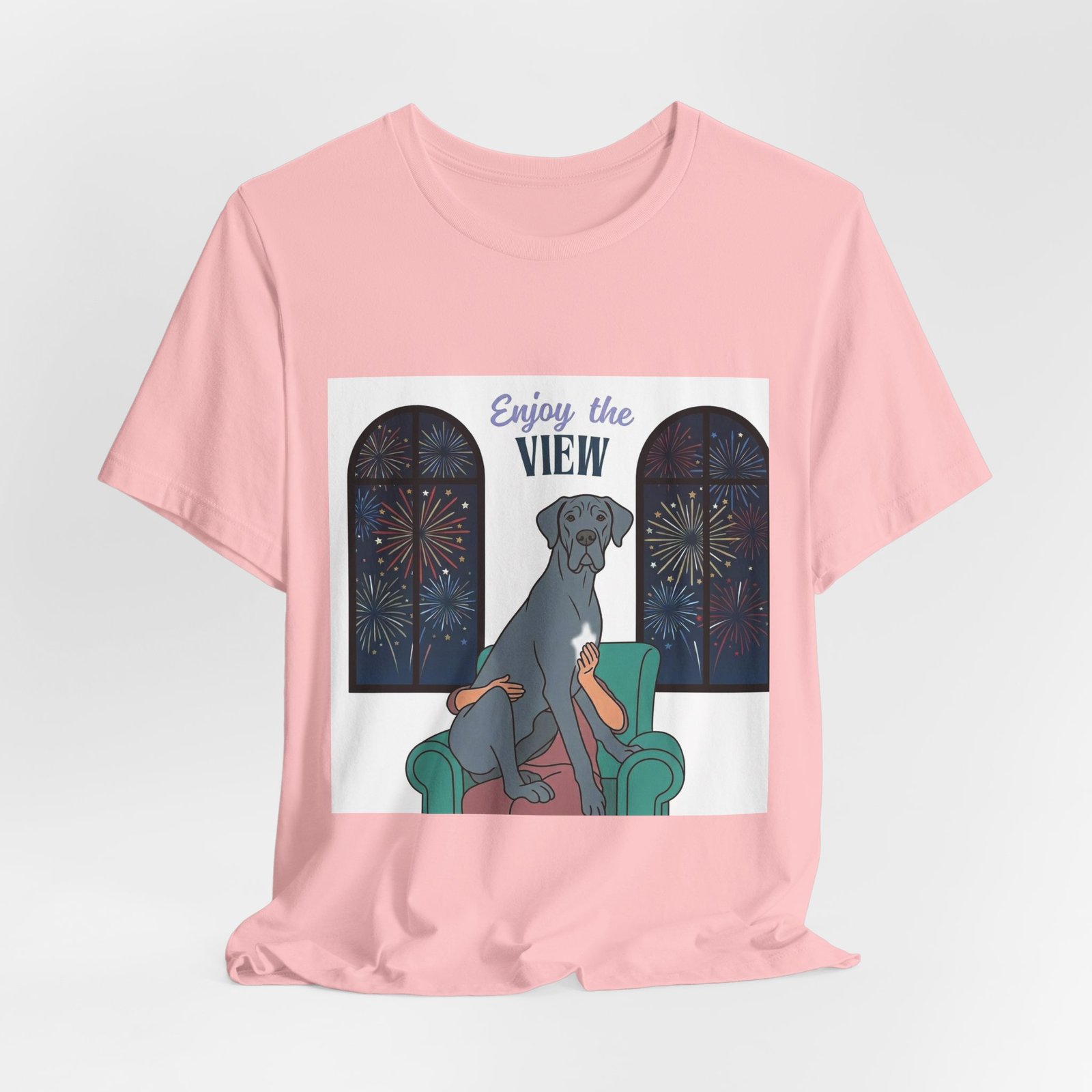 Blue with white chest marking Great Dane Enjoy the View T-Shirt — Dog Watching Fireworks Graphic Tee - Image 64