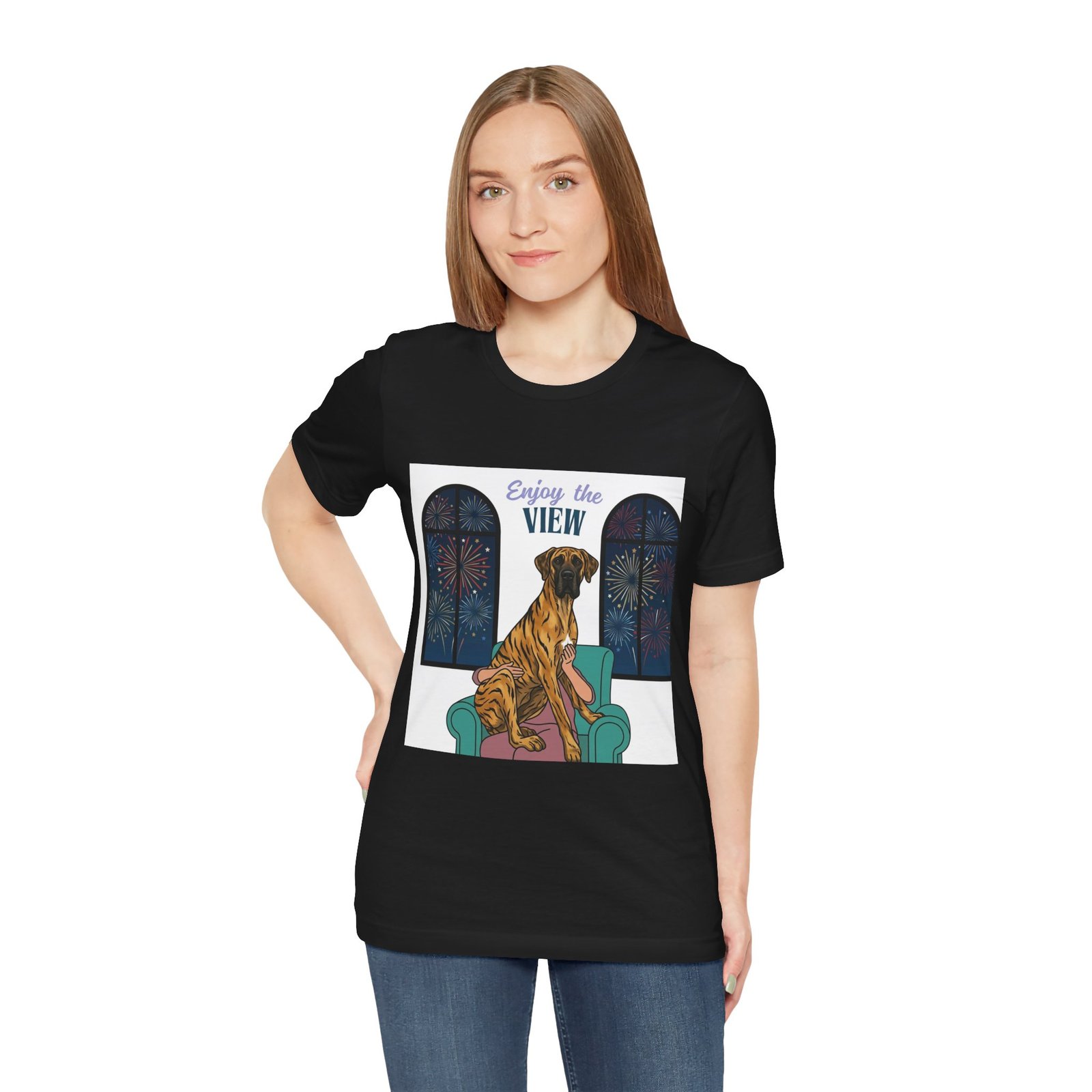 Brindle with white chest marking Great Dane Enjoy the View T-Shirt — Dog Watching Fireworks Graphic Tee - Image 11