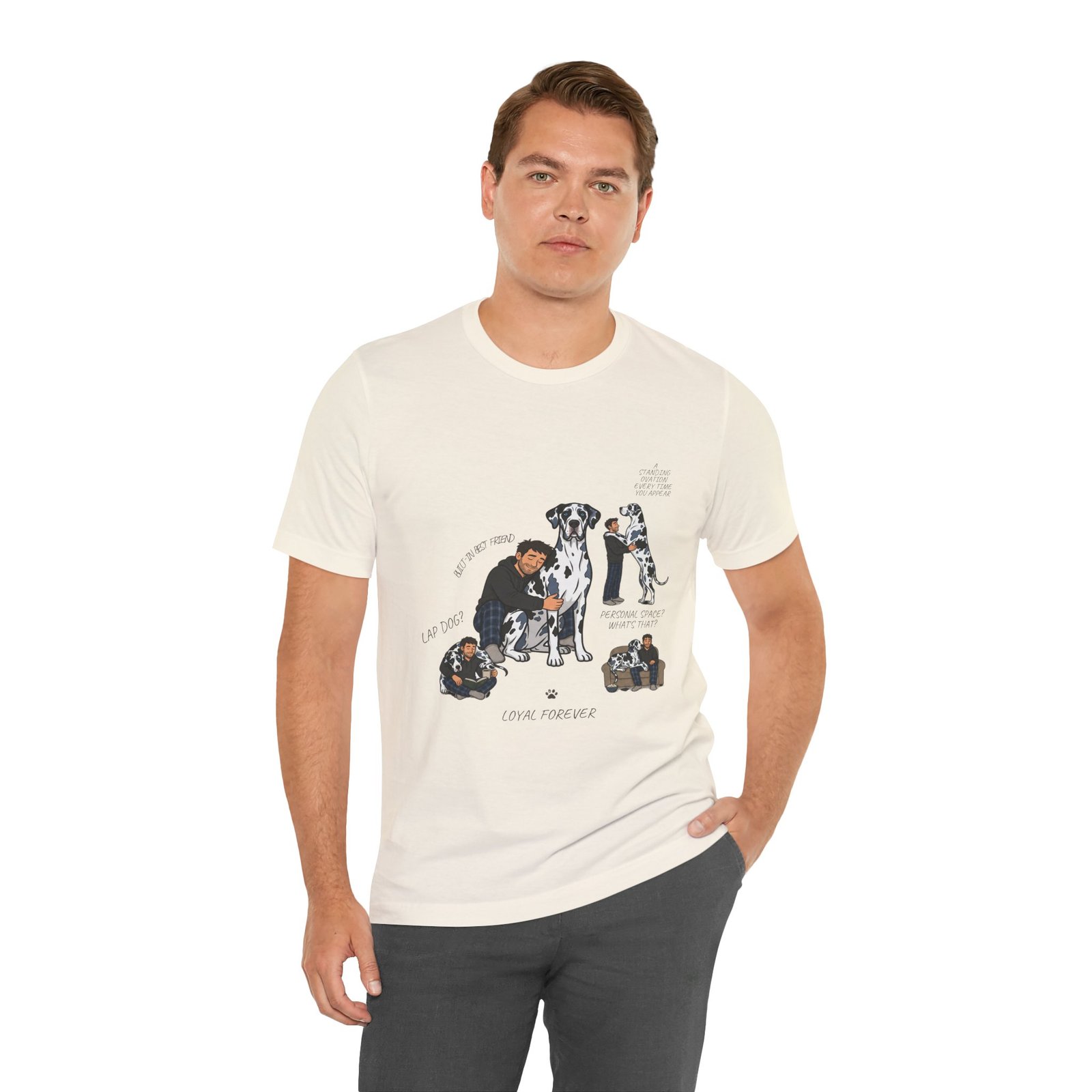 Blue and Black Merlequin with blue eyes Great Danes Illustrated Tee — "Men + Great Danes" Graphic T-Shirt - Image 18