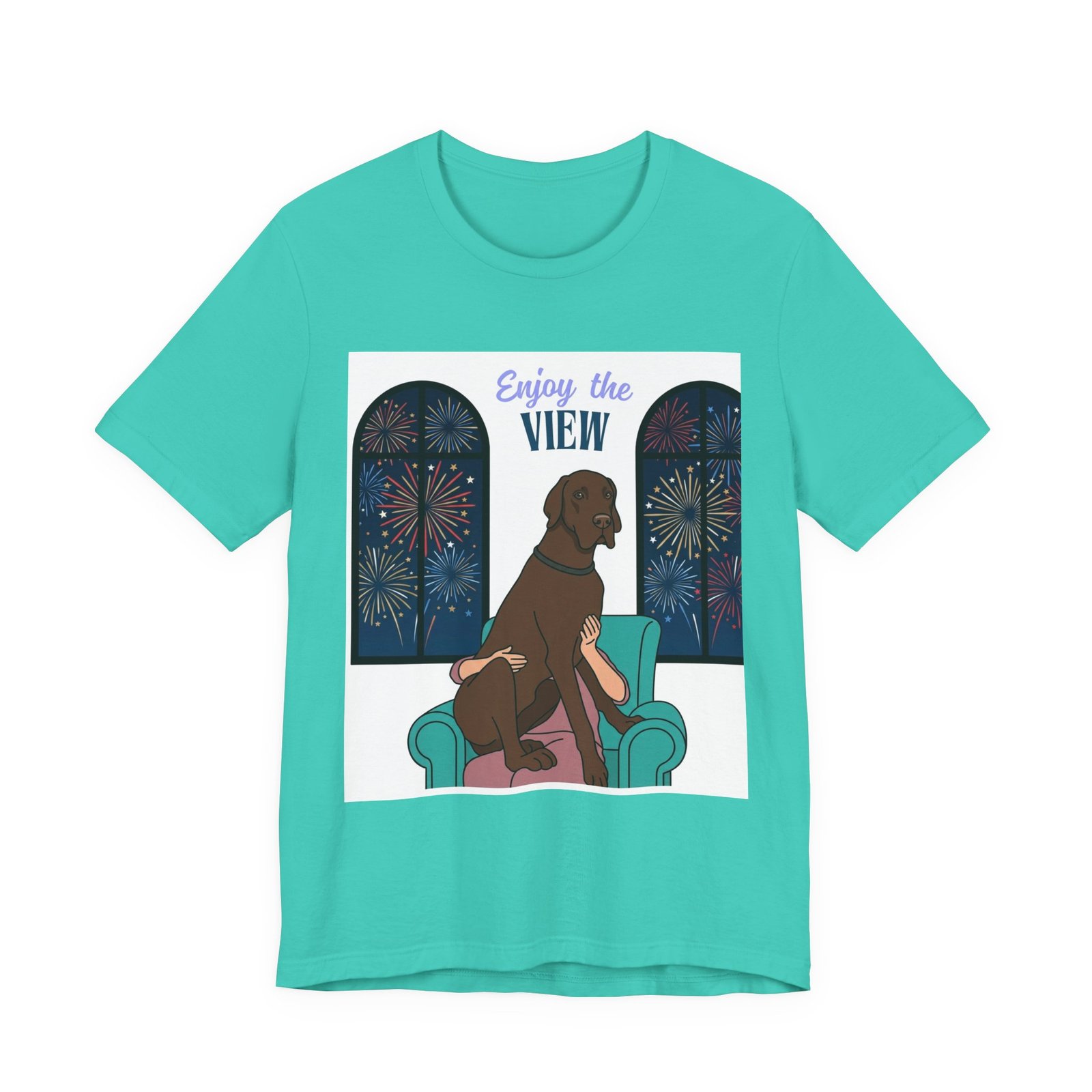 Chocolate Great Dane Enjoy the View T-Shirt — Dog Watching Fireworks Graphic Tee - Image 21
