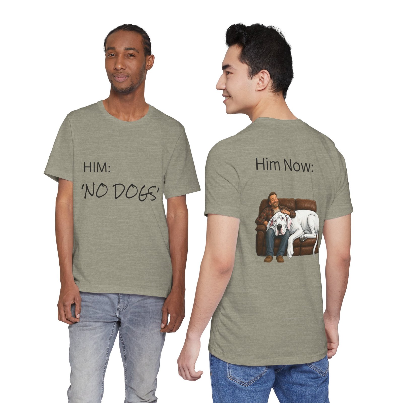 White Great Dane T-Shirt — "NO DOGS" Script Front with Man and Dog on Couch Graphic - Image 46