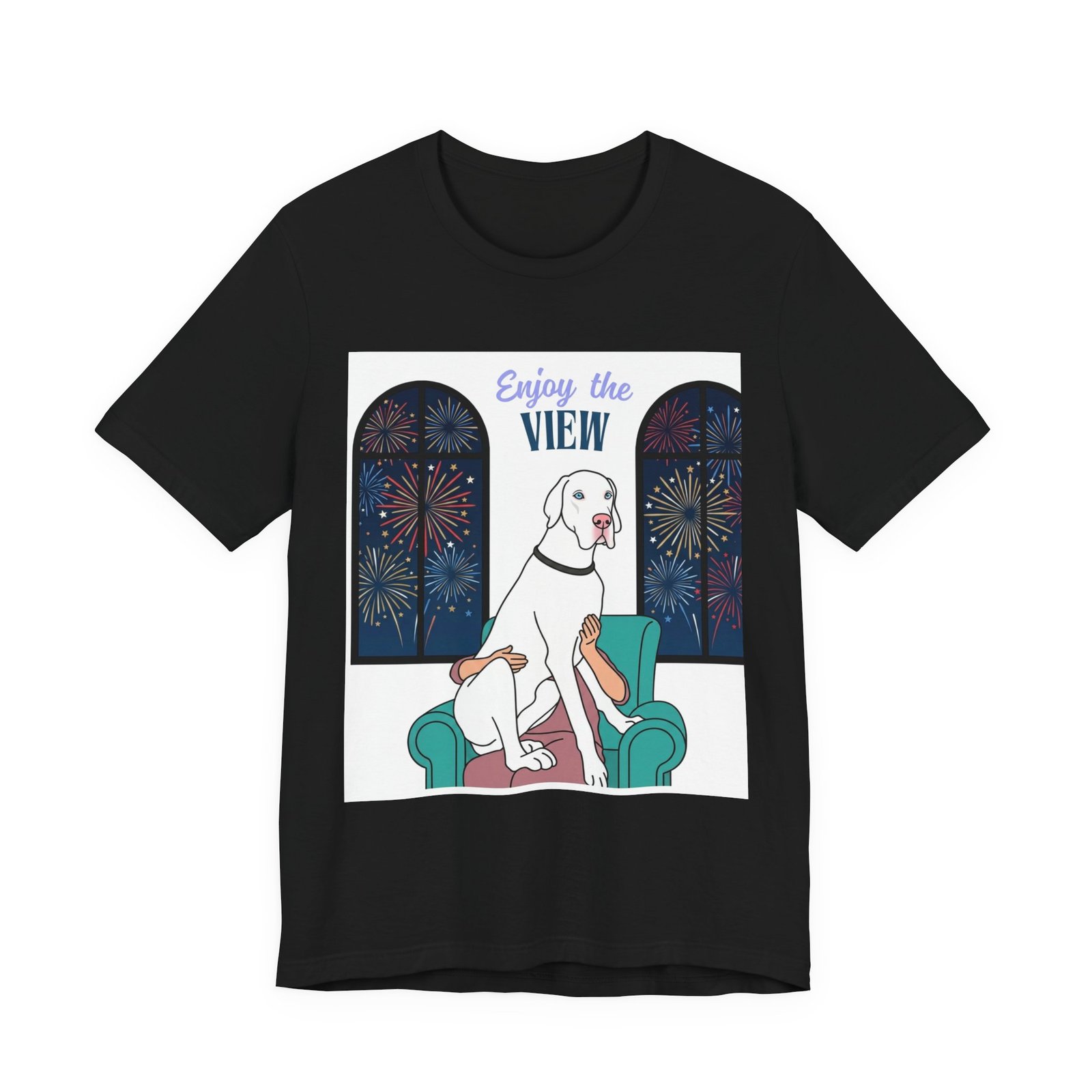 White with Blue Eyes Great Dane Enjoy the View T-Shirt — Dog Watching Fireworks Graphic Tee - Image 12