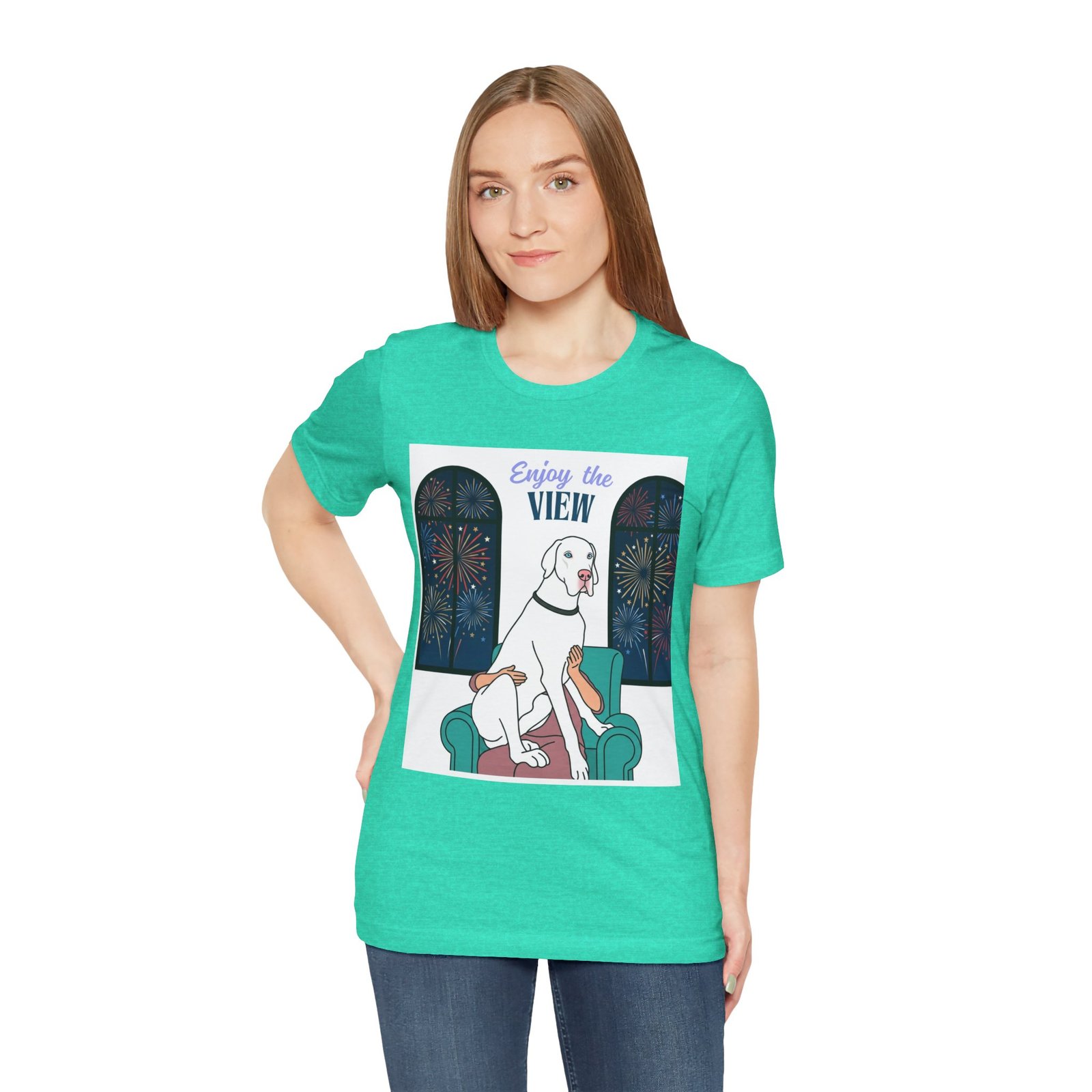 White with Blue Eyes Great Dane Enjoy the View T-Shirt — Dog Watching Fireworks Graphic Tee