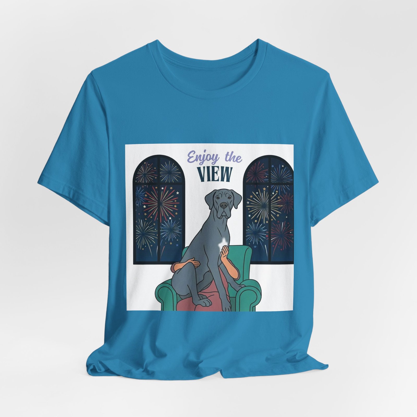 Blue with white chest marking Great Dane Enjoy the View T-Shirt — Dog Watching Fireworks Graphic Tee - Image 10