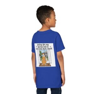 Youth Tee – Fawn Mantle Great Dane "Waiting for My Favorite Kid to Come Home from School" Dog Mom Back-Print Kids T-Shirt