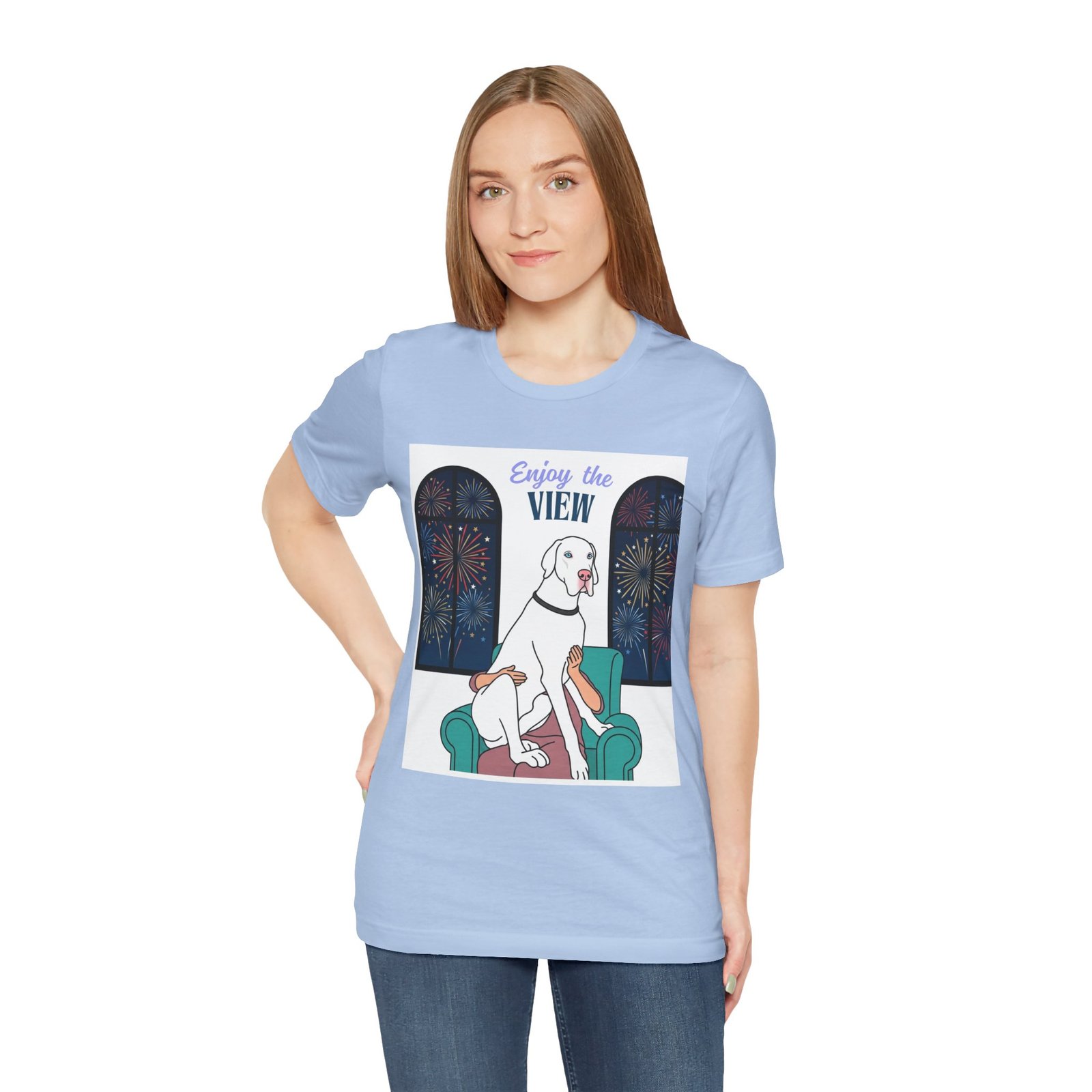 White with Blue Eyes Great Dane Enjoy the View T-Shirt — Dog Watching Fireworks Graphic Tee - Image 40