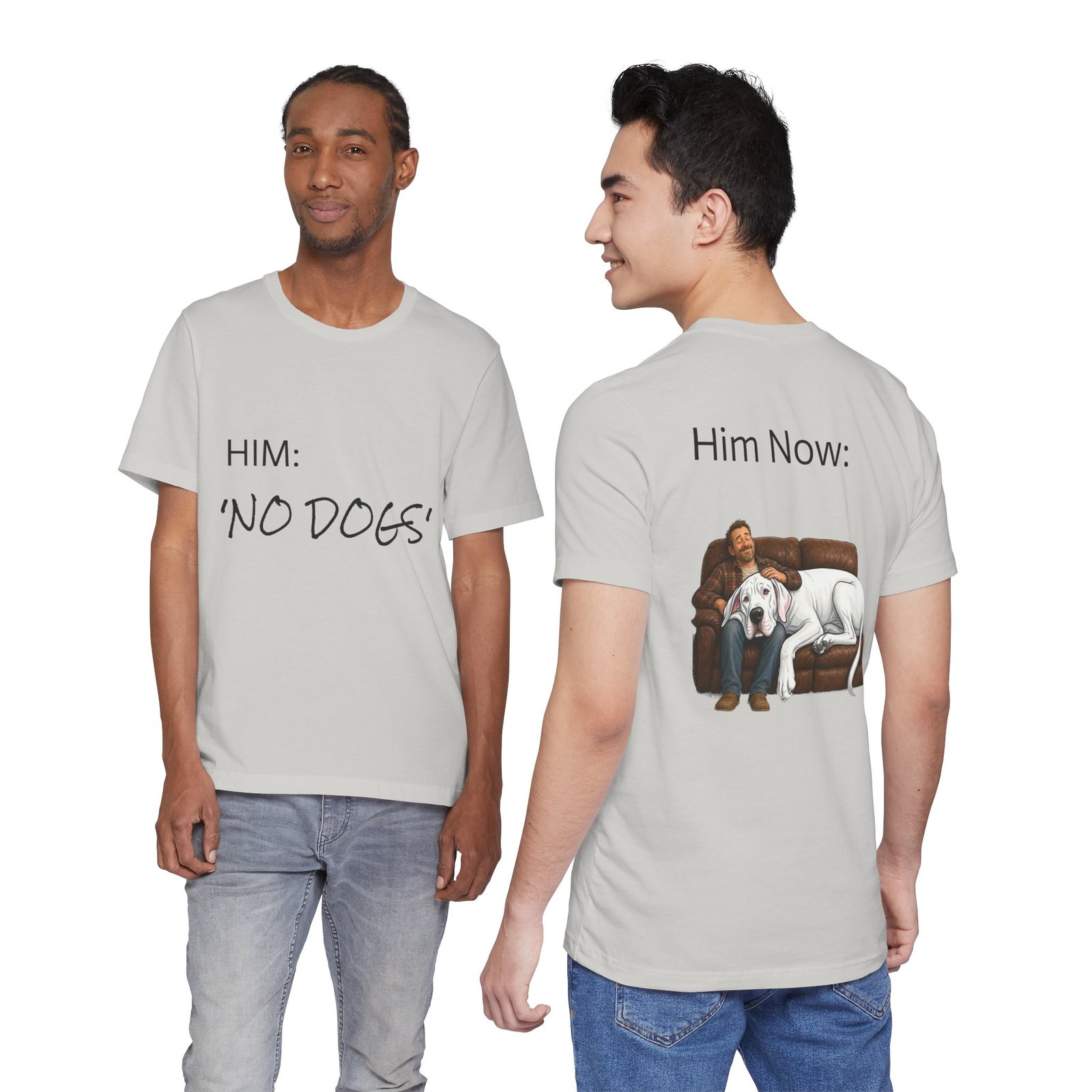 White Great Dane T-Shirt — "NO DOGS" Script Front with Man and Dog on Couch Graphic - Image 16