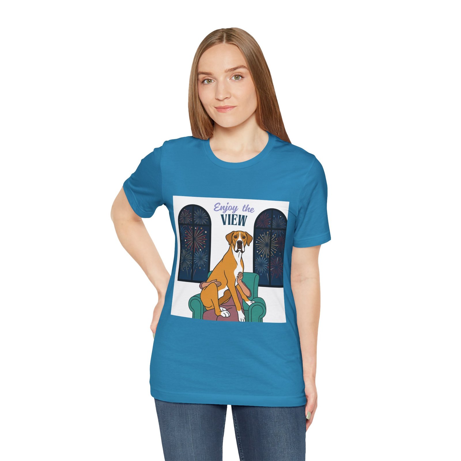 Fawn Mantle Great Dane Enjoy the View T-Shirt — Dog Watching Fireworks Graphic Tee - Image 6