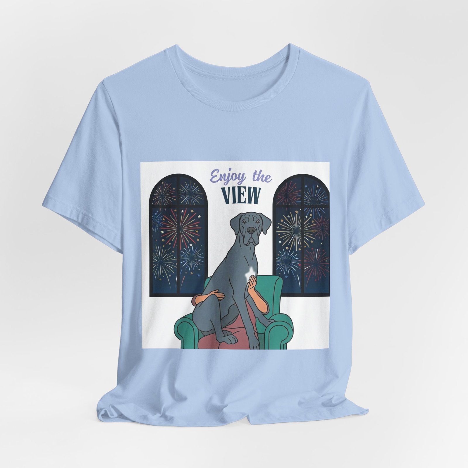 Blue with white chest marking Great Dane Enjoy the View T-Shirt — Dog Watching Fireworks Graphic Tee - Image 44