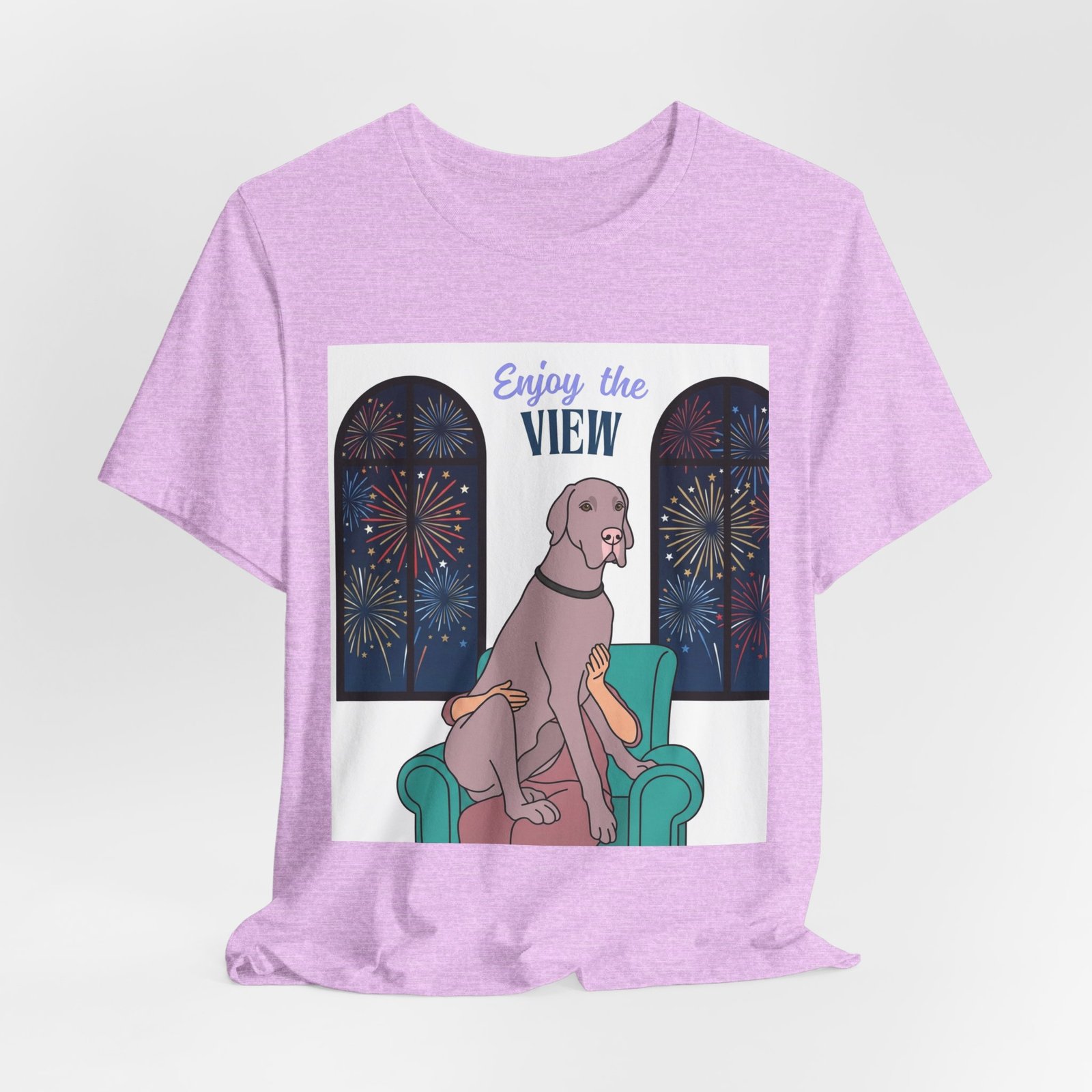 Lilac Great Dane Enjoy the View T-Shirt — Dog Watching Fireworks Graphic Tee - Image 59
