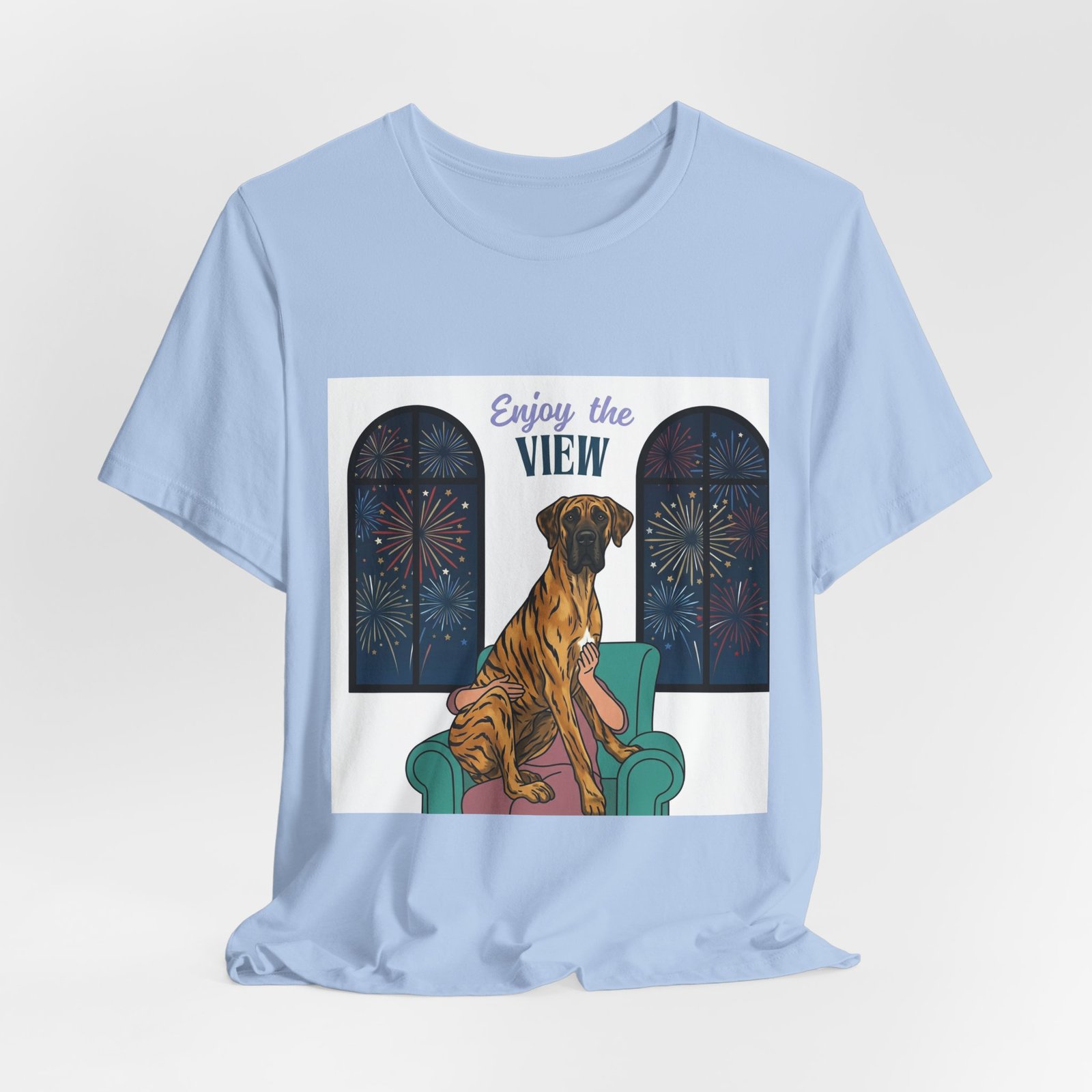 Brindle with white chest marking Great Dane Enjoy the View T-Shirt — Dog Watching Fireworks Graphic Tee - Image 44