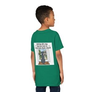 Youth Tee – Blue Brindle Great Dane "Waiting for My Favorite Kid to Come Home from School" Back-Print Kids T-Shirt