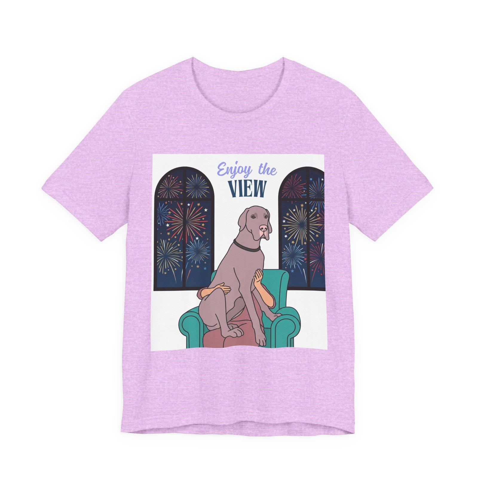 Lilac Great Dane Enjoy the View T-Shirt — Dog Watching Fireworks Graphic Tee - Image 56