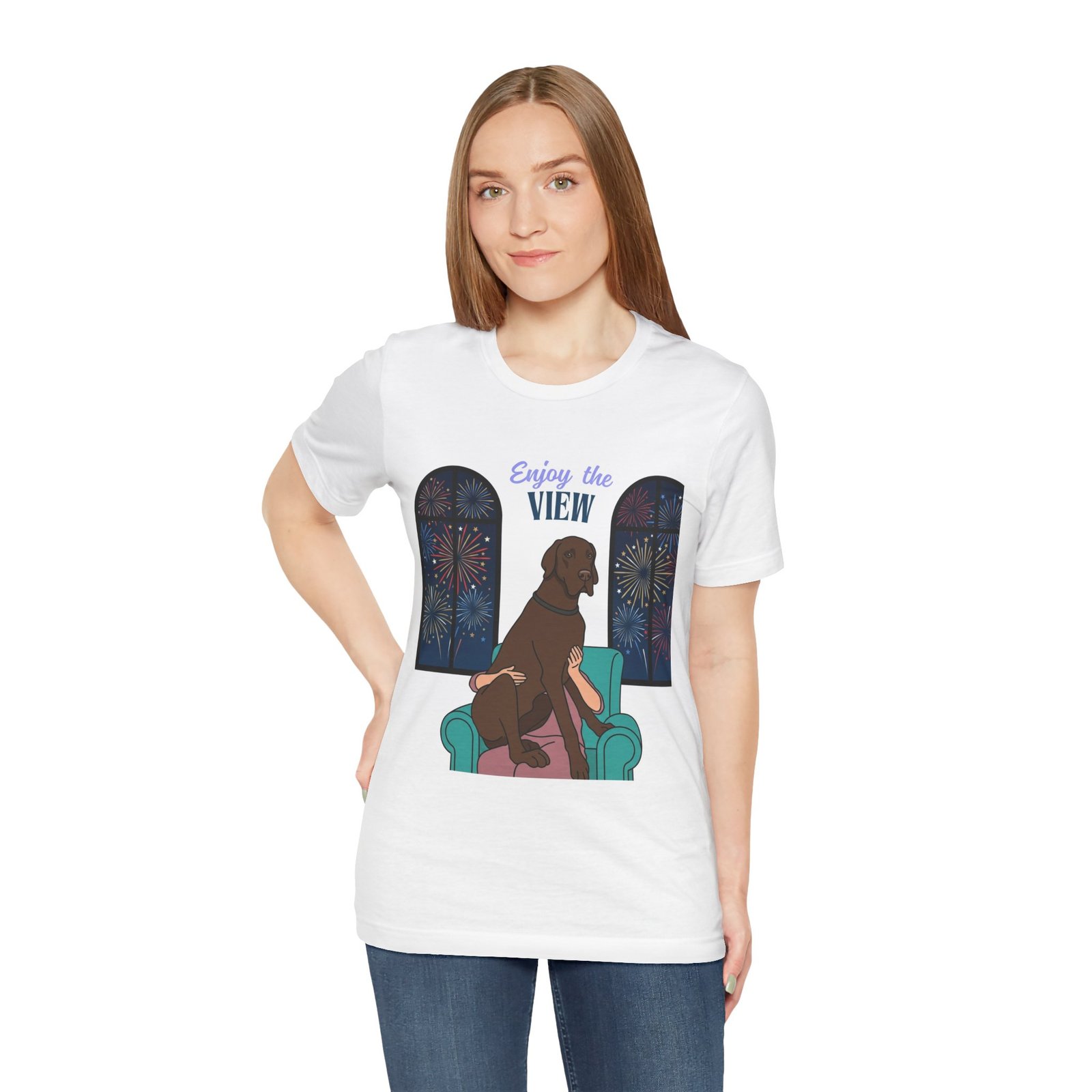 Chocolate Great Dane Enjoy the View T-Shirt — Dog Watching Fireworks Graphic Tee - Image 11
