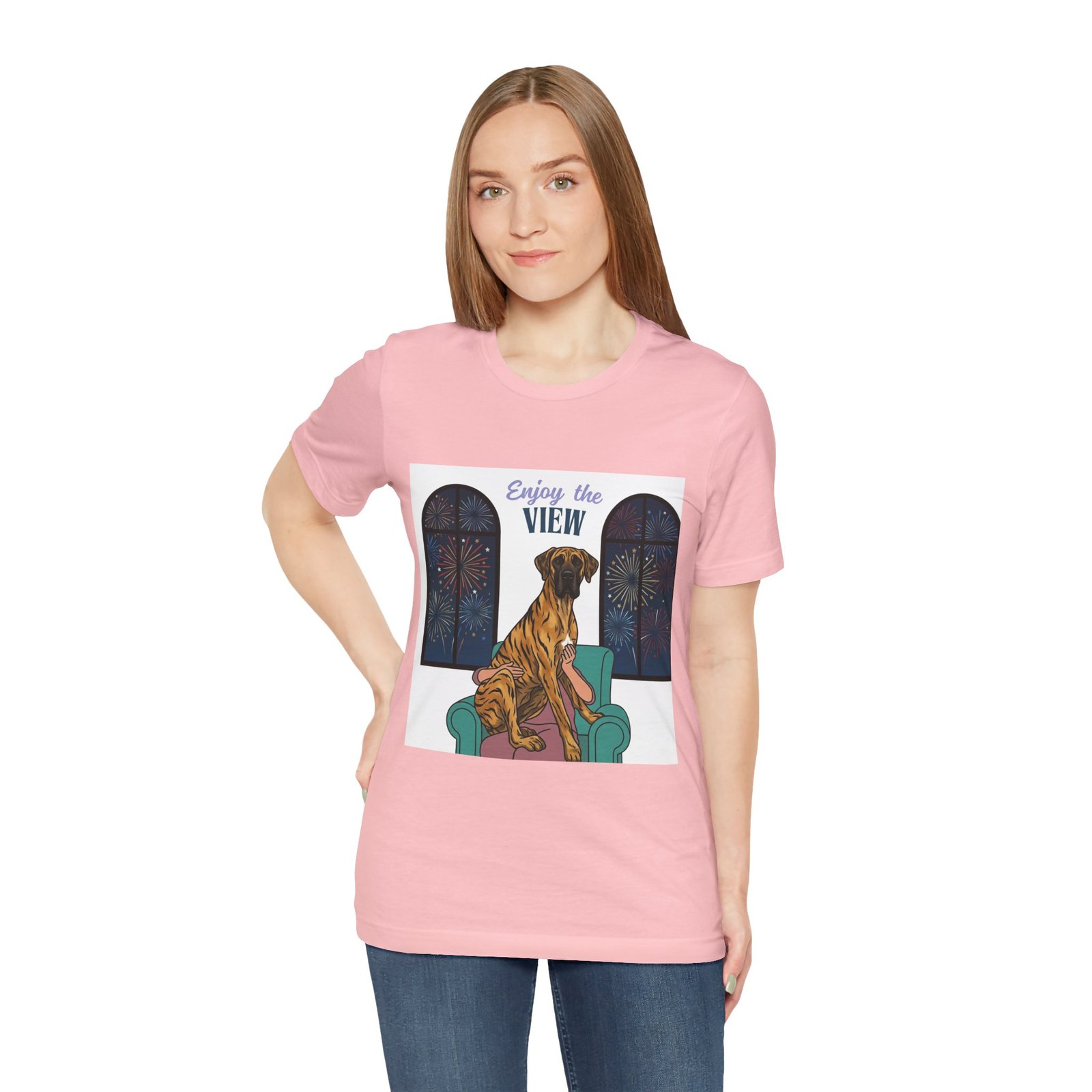 Brindle with white chest marking Great Dane Enjoy the View T-Shirt — Dog Watching Fireworks Graphic Tee - Image 65