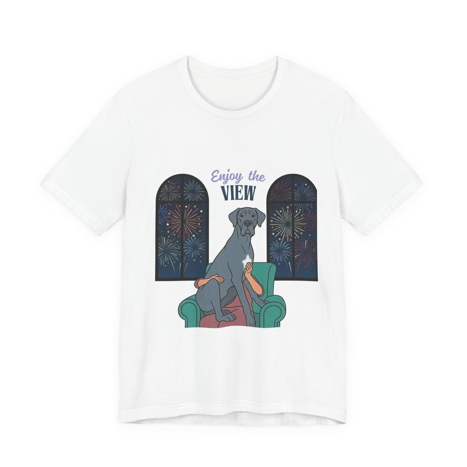 Blue with white chest marking Great Dane Enjoy the View T-Shirt — Dog Watching Fireworks Graphic Tee - Image 17