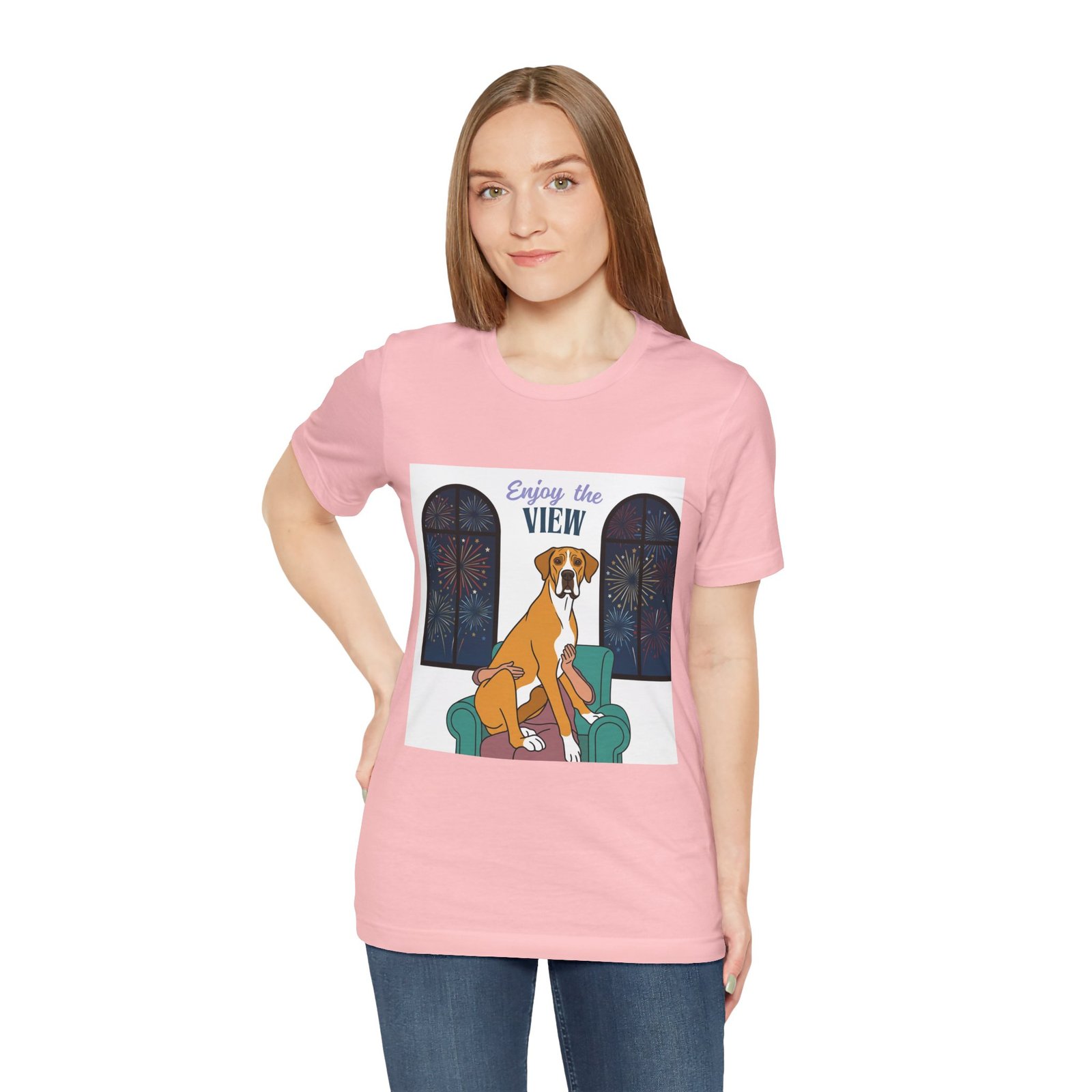 Fawn Mantle Great Dane Enjoy the View T-Shirt — Dog Watching Fireworks Graphic Tee - Image 65