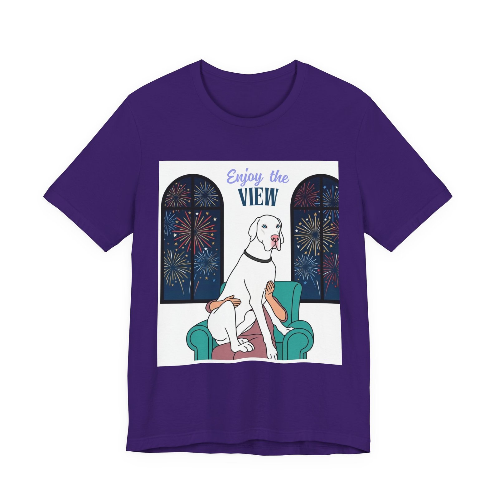 White with Blue Eyes Great Dane Enjoy the View T-Shirt — Dog Watching Fireworks Graphic Tee - Image 46