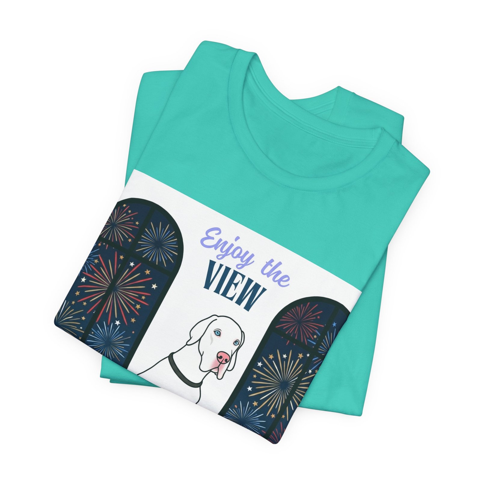 White with Blue Eyes Great Dane Enjoy the View T-Shirt — Dog Watching Fireworks Graphic Tee - Image 28