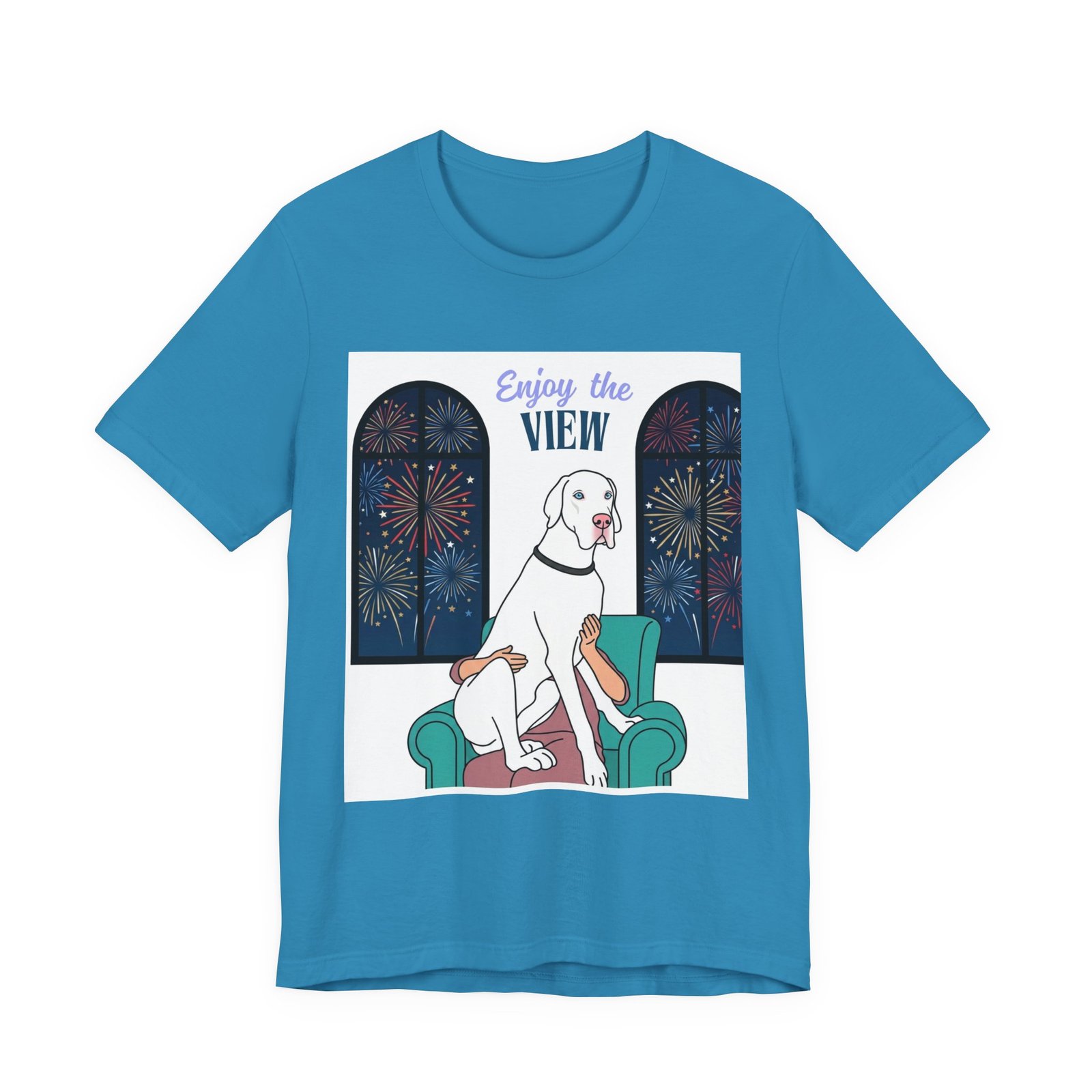 White with Blue Eyes Great Dane Enjoy the View T-Shirt — Dog Watching Fireworks Graphic Tee - Image 7
