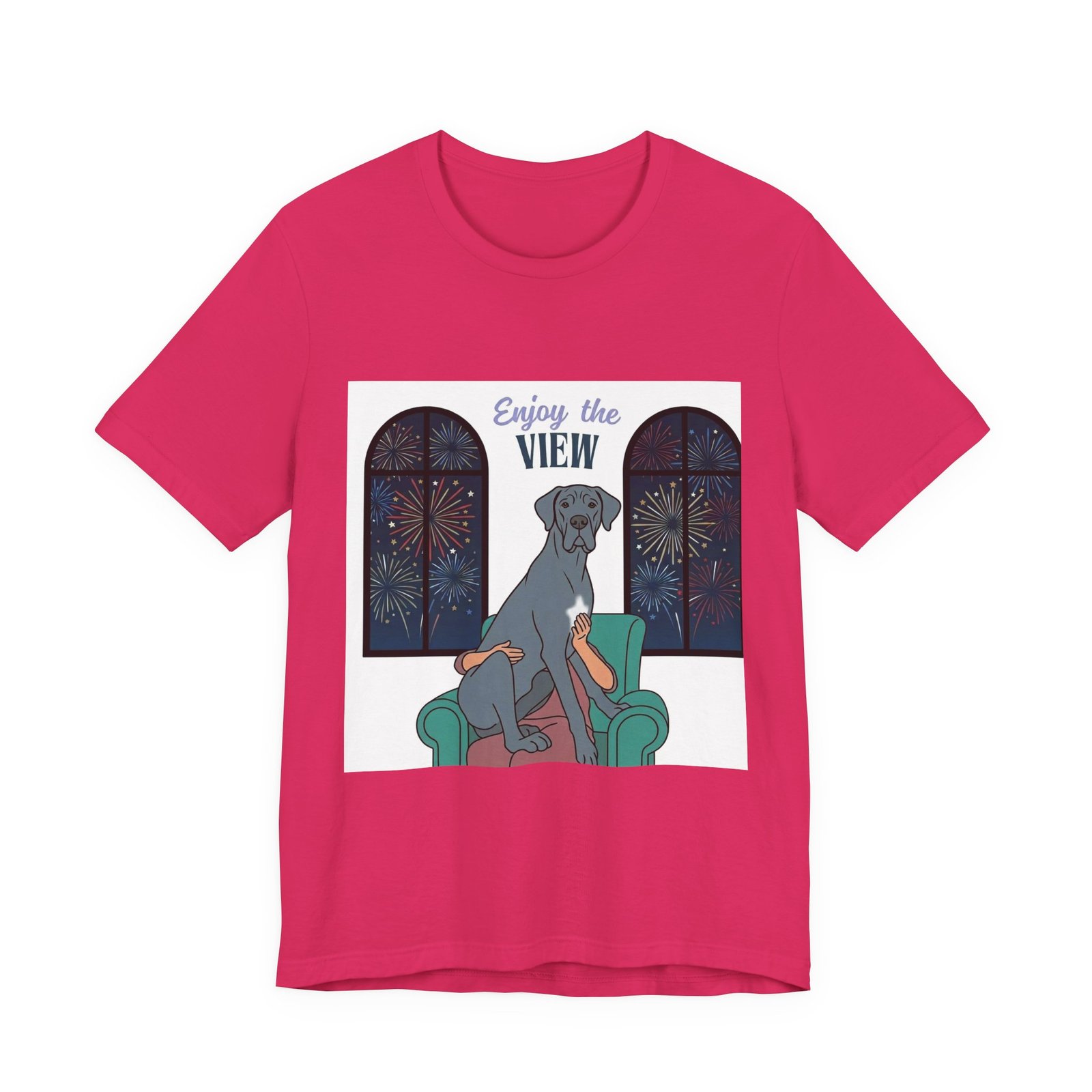 Blue with white chest marking Great Dane Enjoy the View T-Shirt — Dog Watching Fireworks Graphic Tee - Image 56