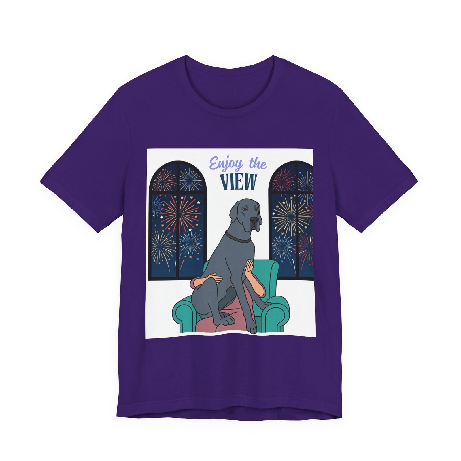 Blue Great Dane Enjoy the View T-Shirt — Dog Watching Fireworks Graphic Tee - Image 46