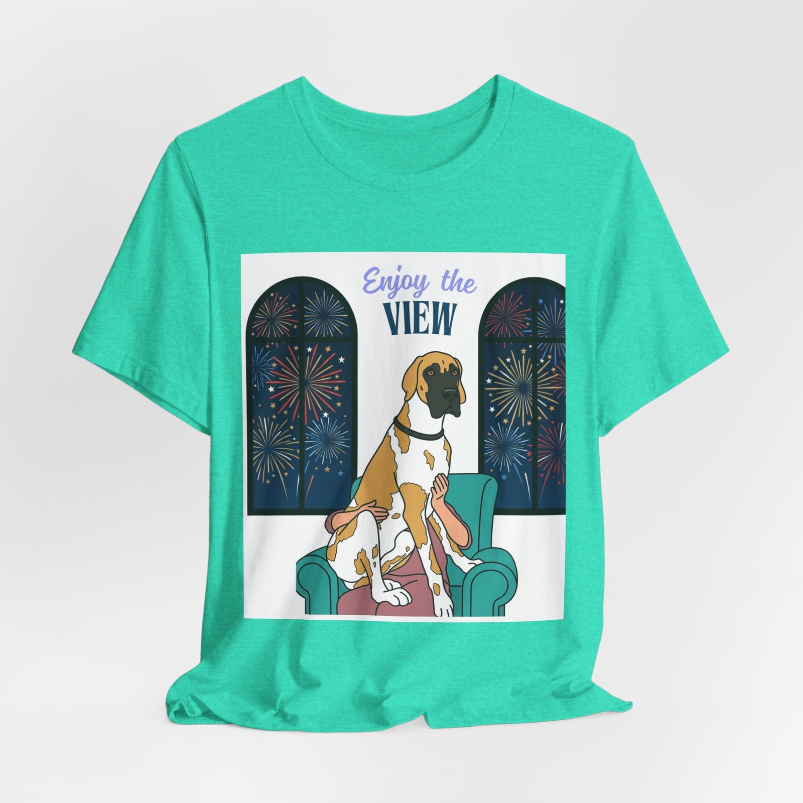 Fawnequin Great Dane Enjoy the View T-Shirt — Dog Watching Fireworks Graphic Tee - Image 39