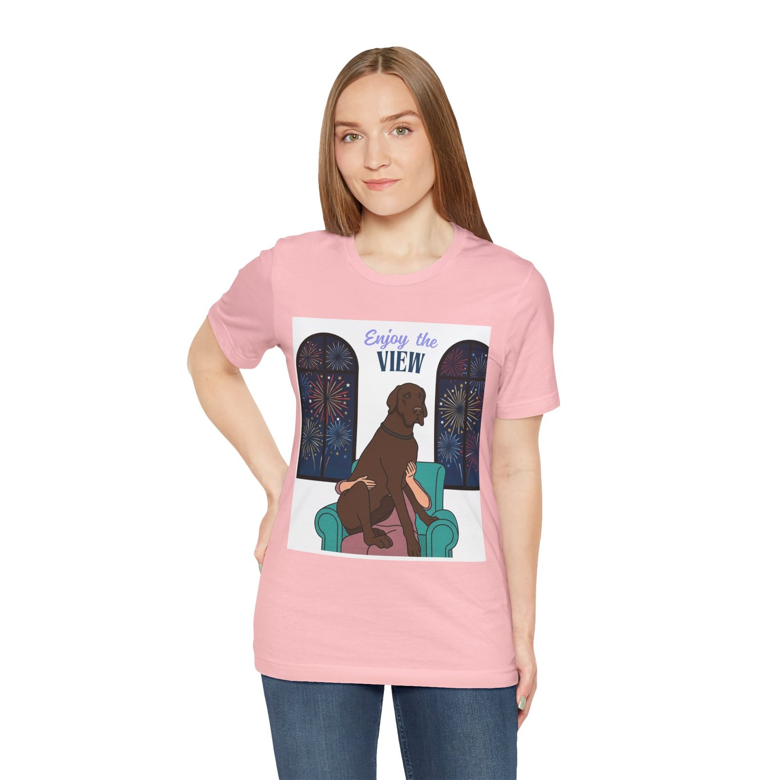 Chocolate Great Dane Enjoy the View T-Shirt — Dog Watching Fireworks Graphic Tee - Image 65