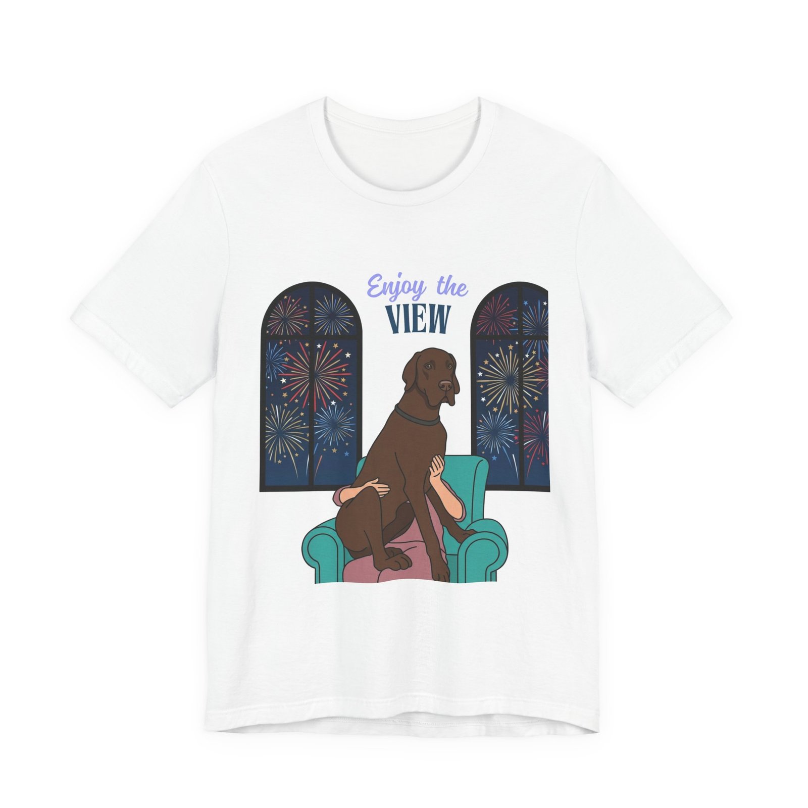 Chocolate Great Dane Enjoy the View T-Shirt — Dog Watching Fireworks Graphic Tee - Image 12