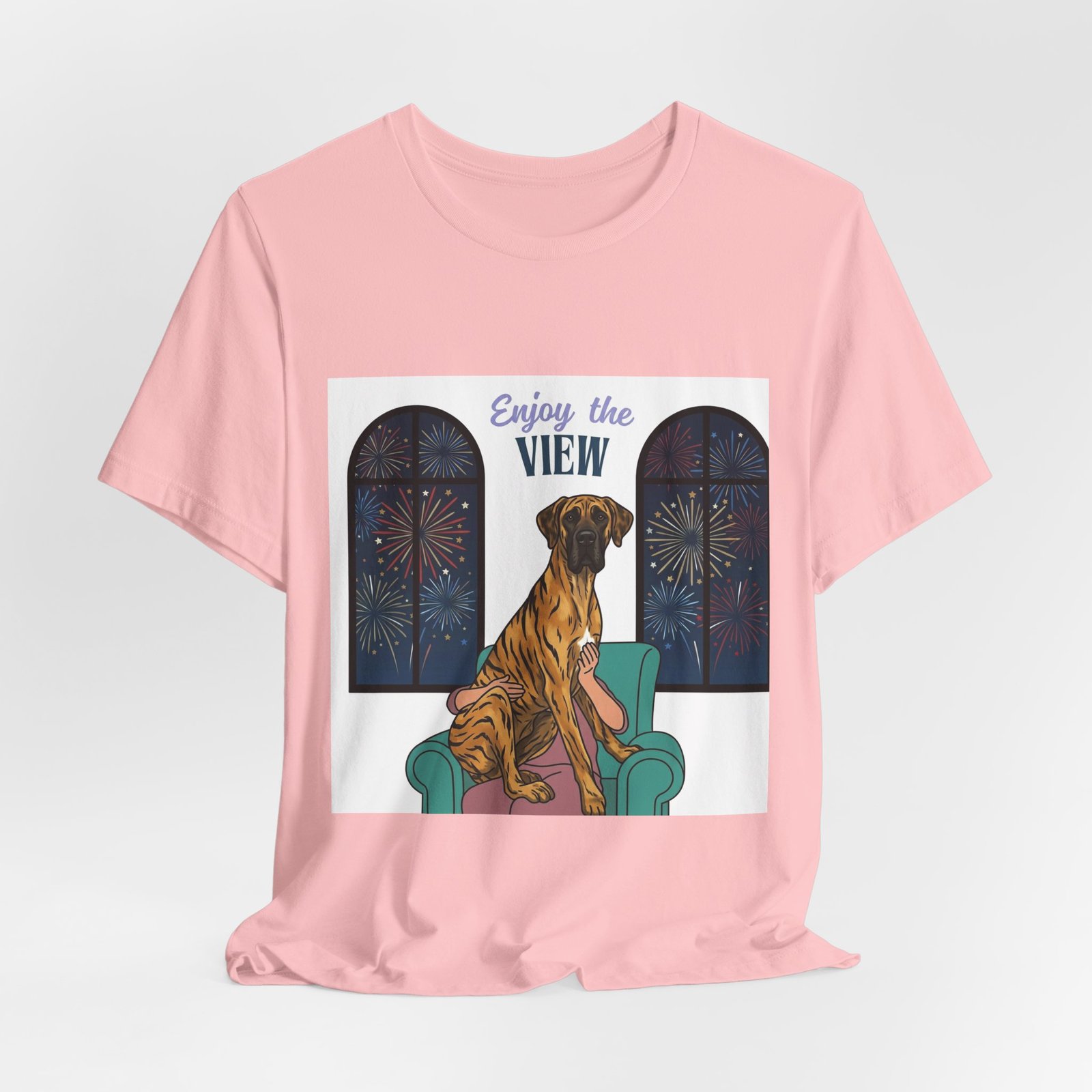 Brindle with white chest marking Great Dane Enjoy the View T-Shirt — Dog Watching Fireworks Graphic Tee - Image 64