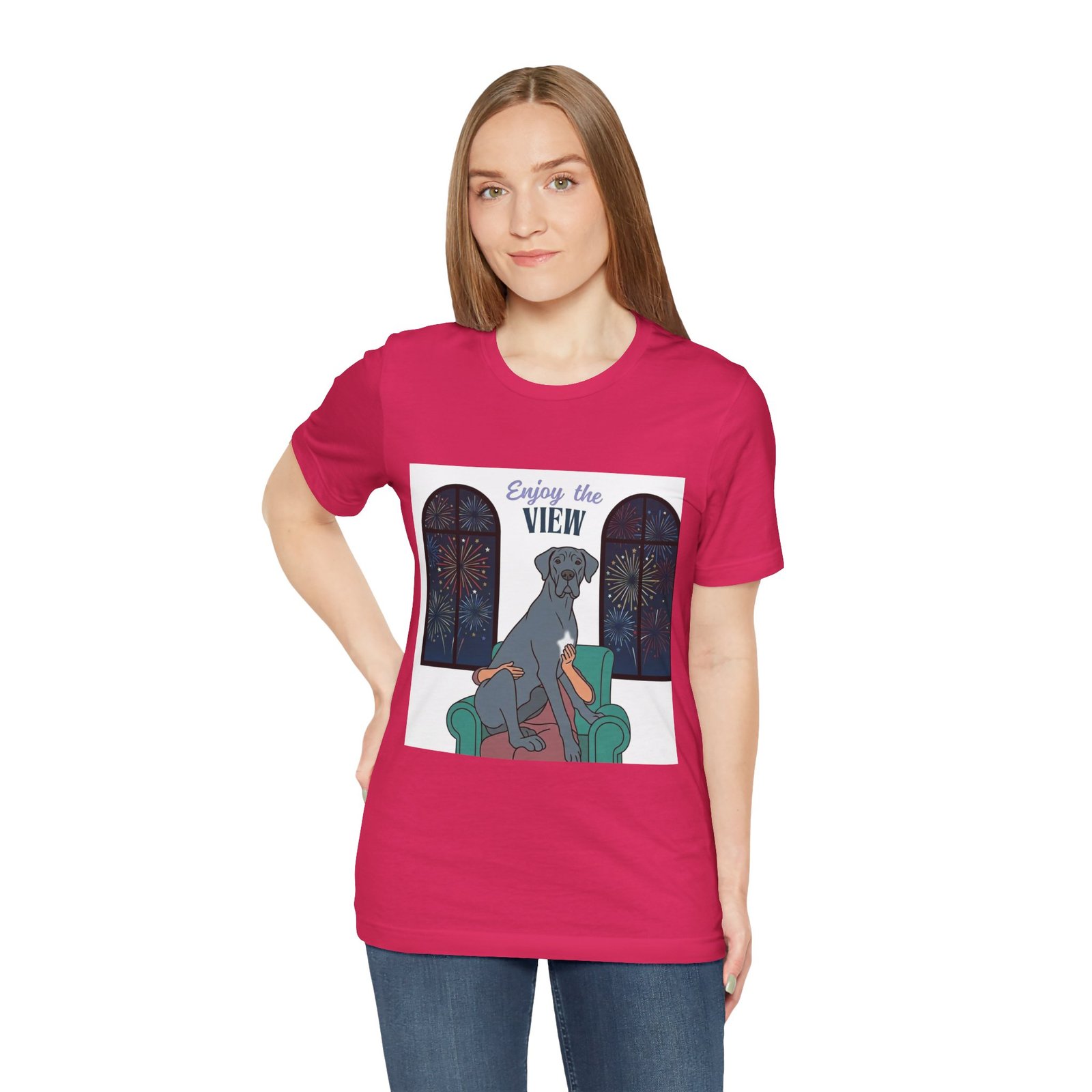 Blue with white chest marking Great Dane Enjoy the View T-Shirt — Dog Watching Fireworks Graphic Tee - Image 60