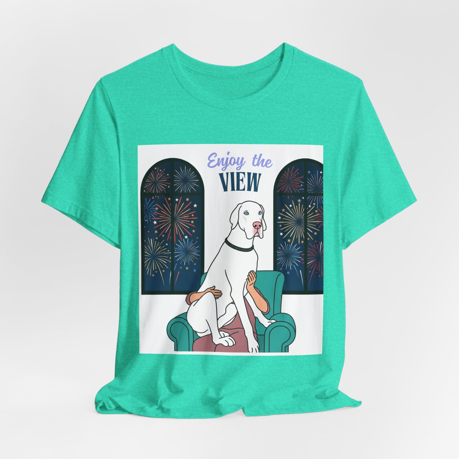 White with Blue Eyes Great Dane Enjoy the View T-Shirt — Dog Watching Fireworks Graphic Tee - Image 5